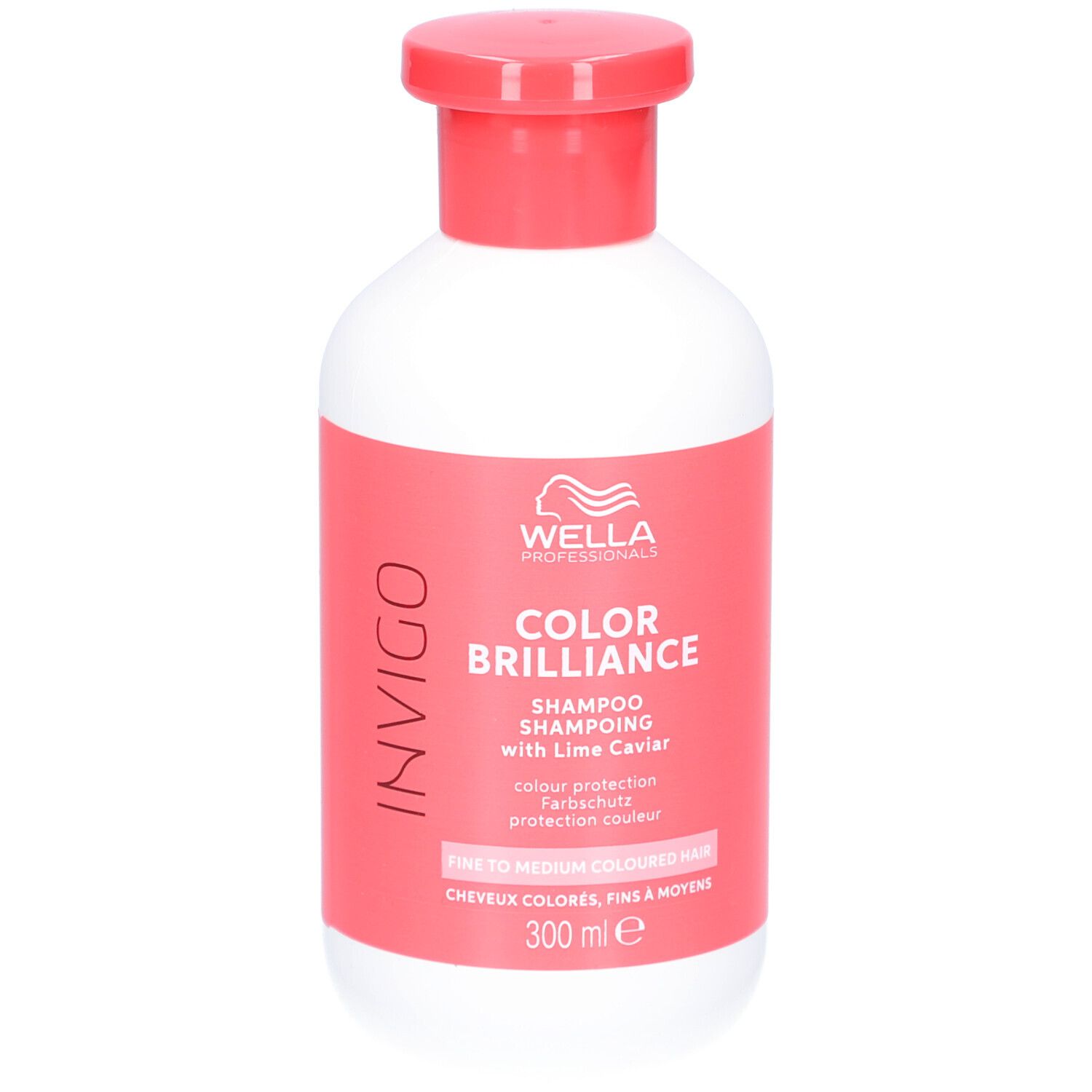 Flacon blanc à bouchon rouge. Étiquette avec INVIGO, COLOR BRILLIANCE, Shampooing, protection couleur. 300 ml.