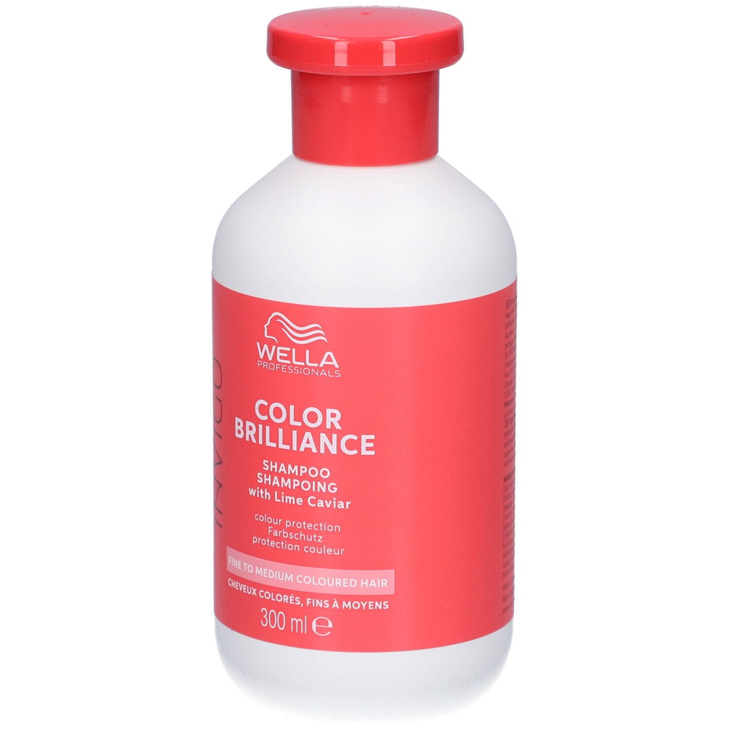 Flacon blanc à bouchon rouge. Étiquette avec INVIGO, COLOR BRILLIANCE, Shampooing, protection couleur. 300 ml.