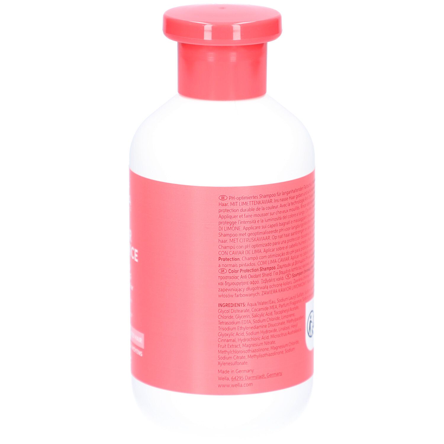 Dos du flacon blanc à bouchon rouge. Étiquette avec texte. Liste des ingrédients. Symbole de recyclage.