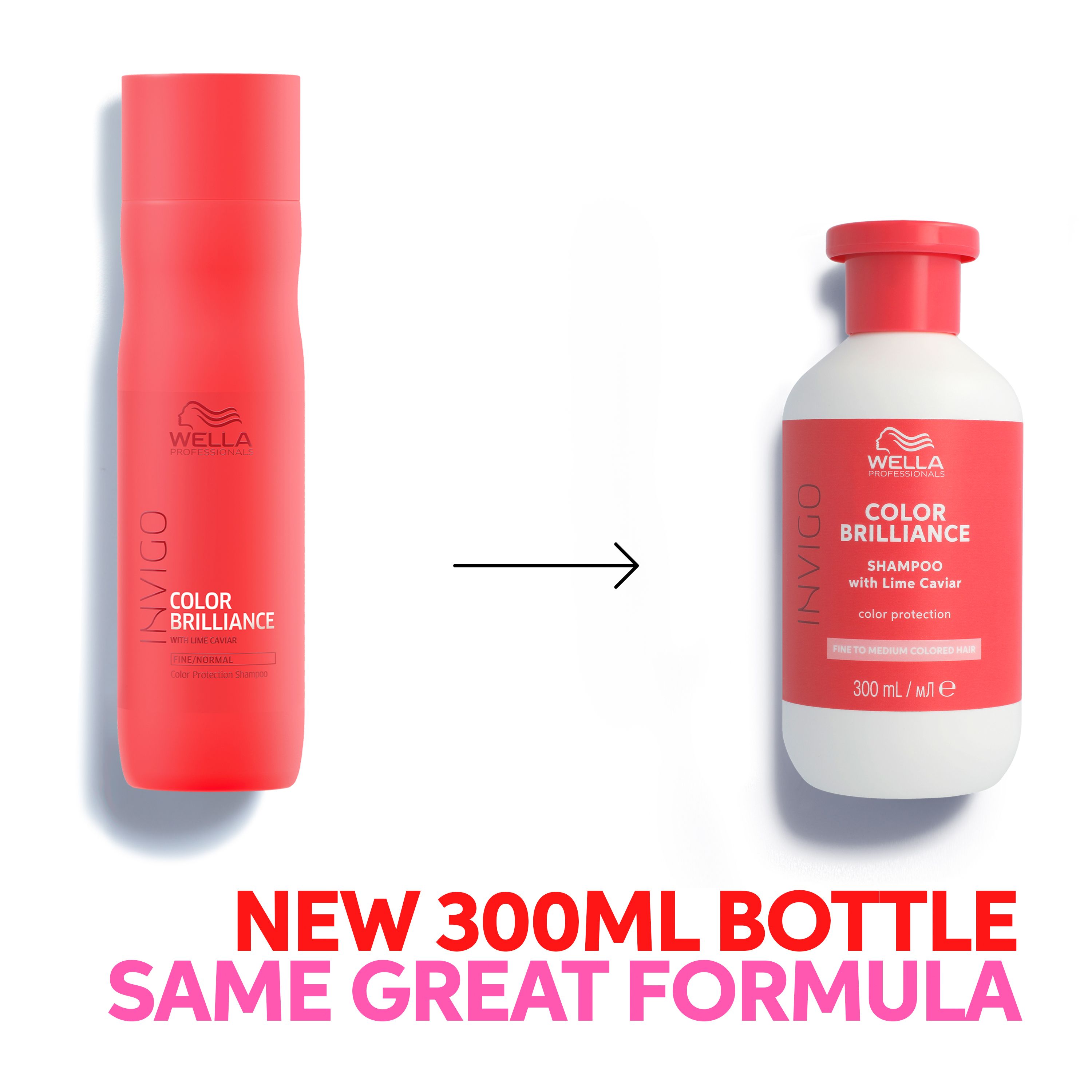 Comparaison : nouveau flacon (300 ml) et ancien flacon. Texte : SAME GREAT FORMULA.