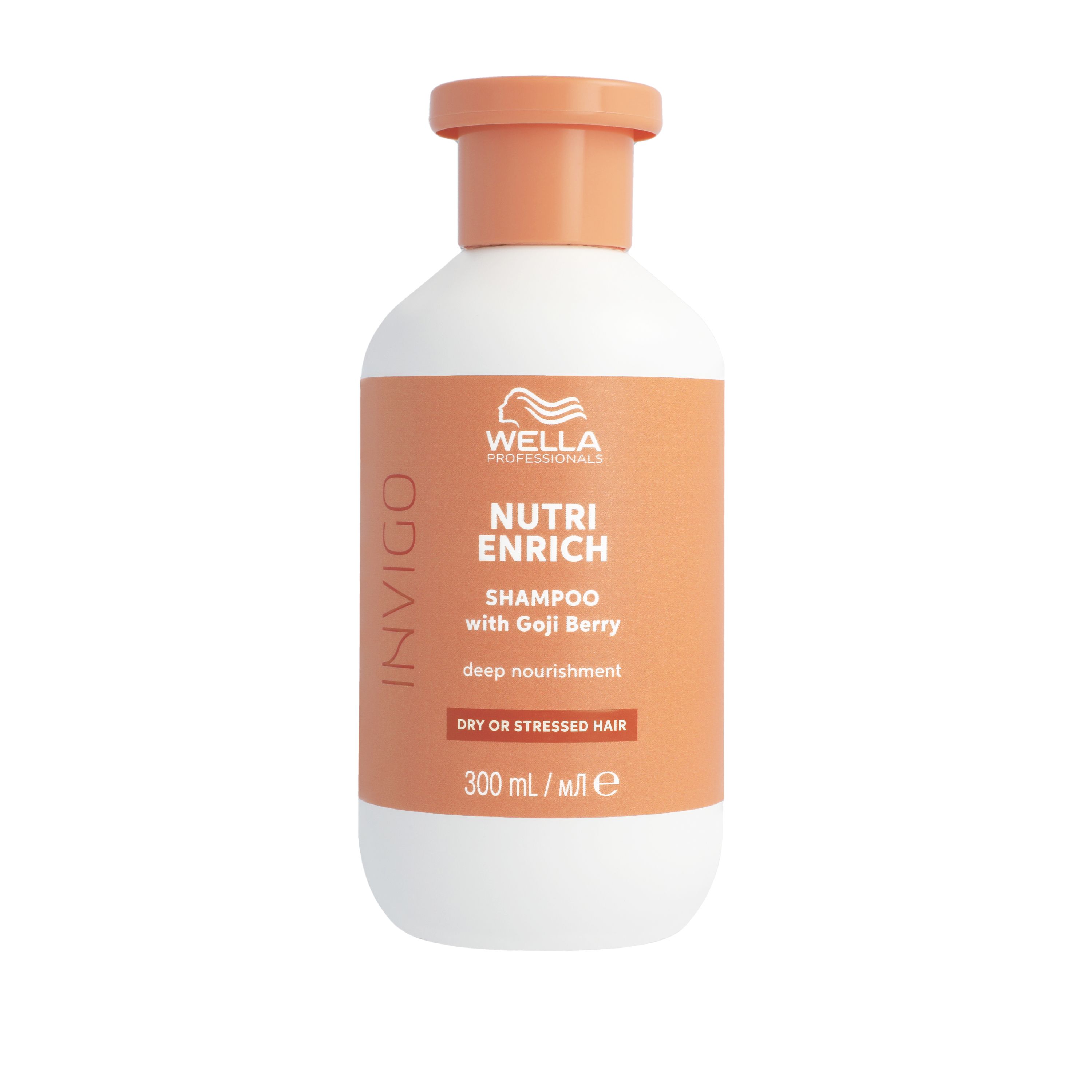 Shampooing Wella Invigo Nutri-Enrich. Bouteille avec bouchon et étiquette orange. 300 ml.