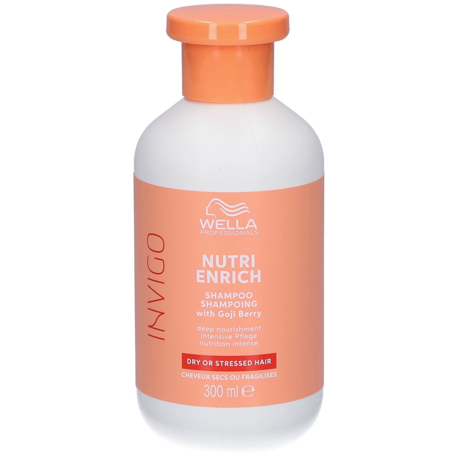 Witte fles met oranje dop. Opschrift: Invigo, Nutri Enrich Shampoo with Goji Berry. Voor droog of beschadigd haar.