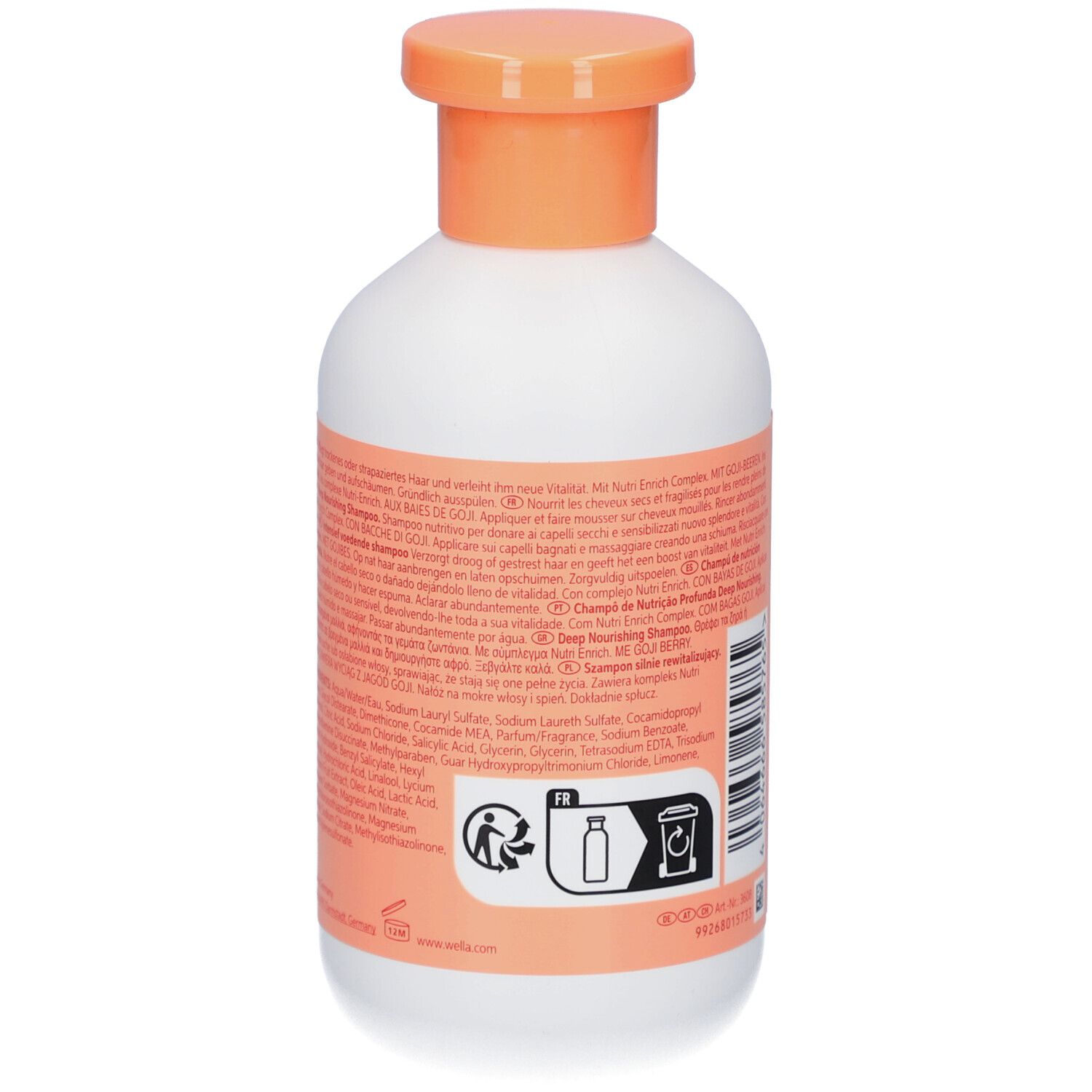Achterkant van de witte fles met oranje dop. Tekst en recyclagesymbool. Opschrift: Invigo.