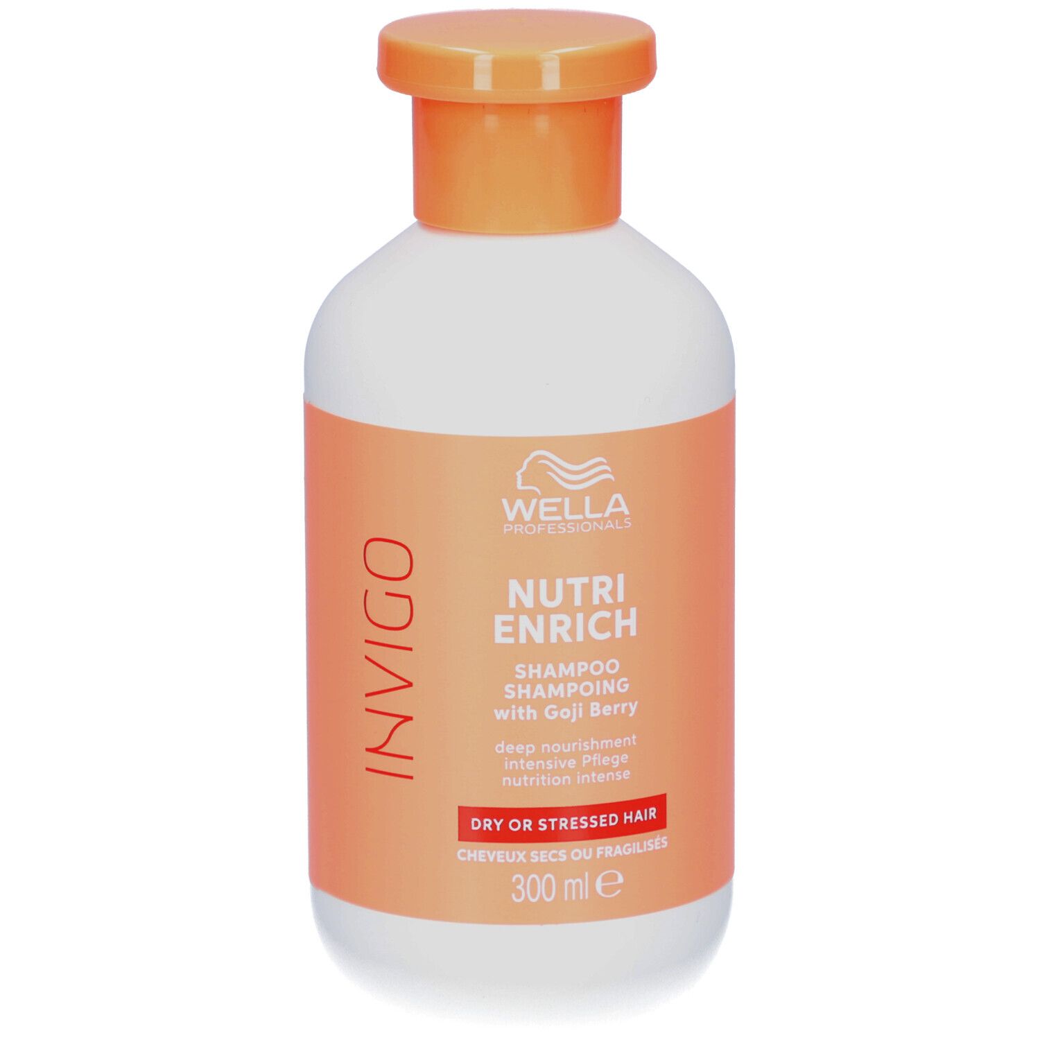 Witte fles met oranje dop. Opschrift: Invigo, Nutri Enrich Shampoo with Goji Berry. Voor droog of beschadigd haar.