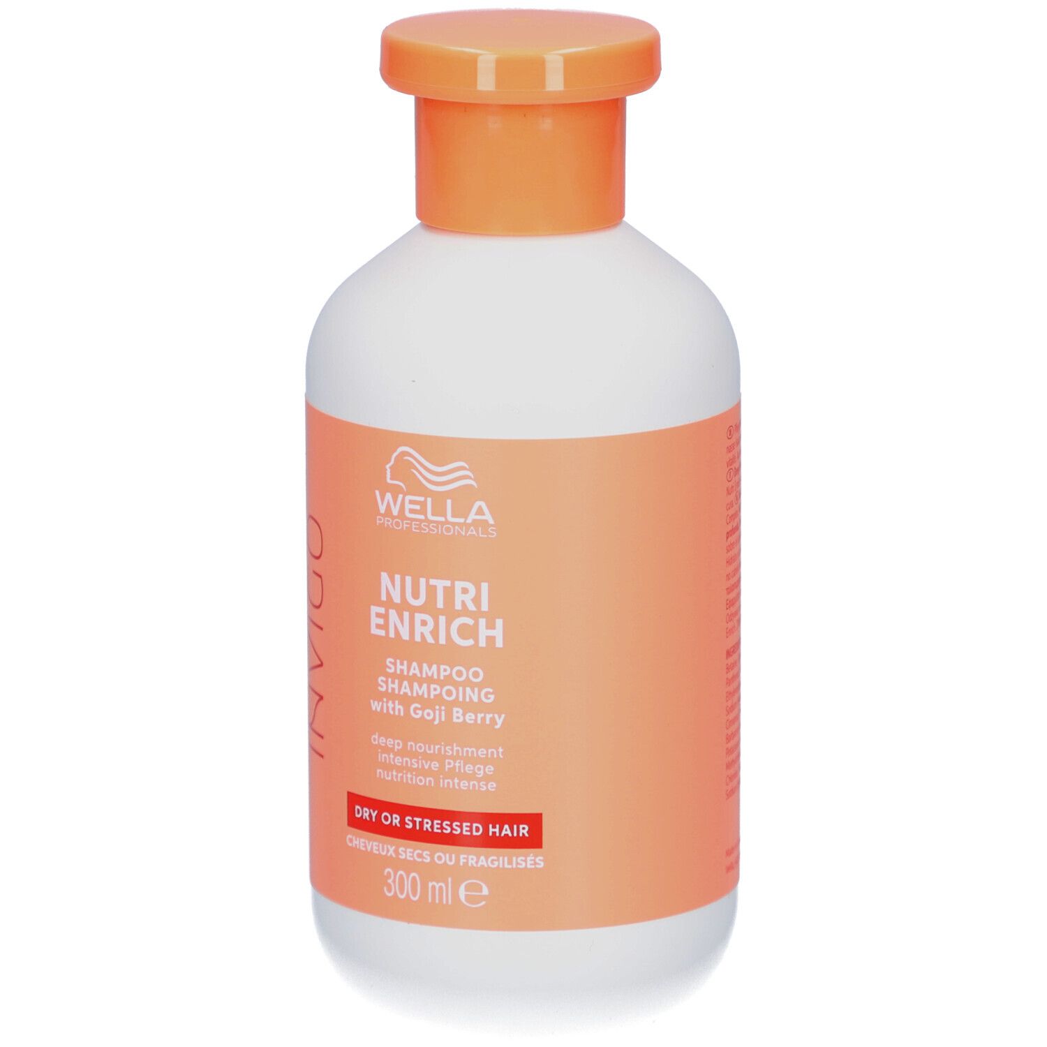 Witte fles met oranje dop. Opschrift: Invigo, Nutri Enrich Shampoo with Goji Berry. Voor droog of beschadigd haar.