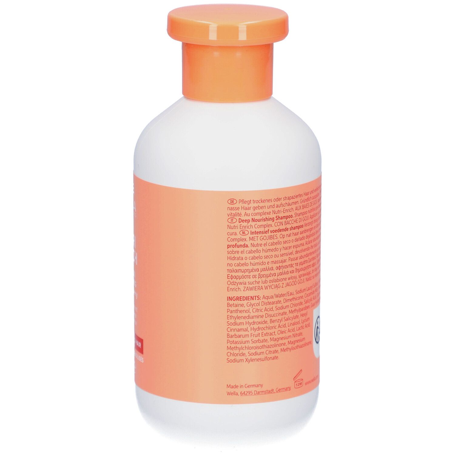 Achterkant van de witte fles met oranje dop. Tekst. Opschrift: Invigo.