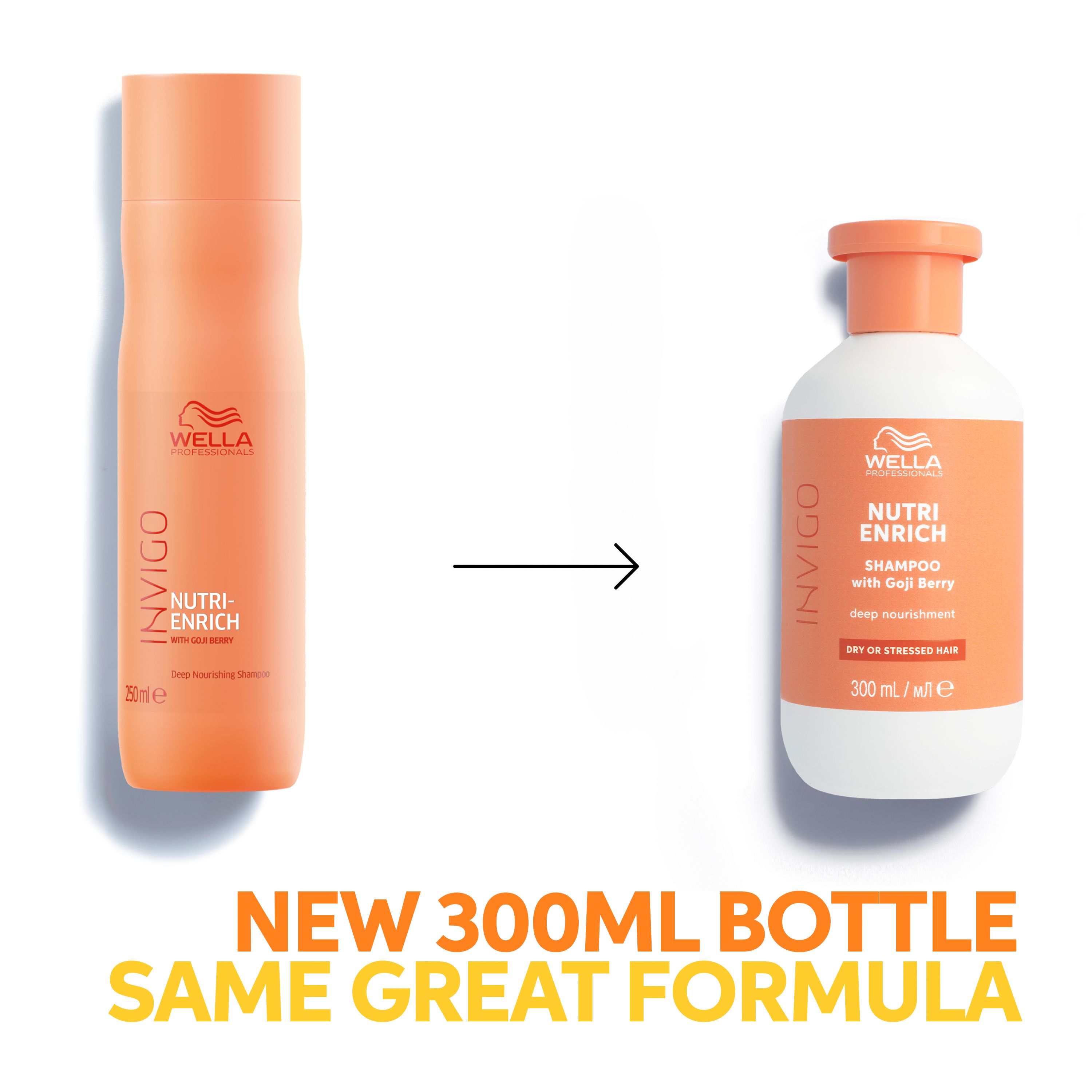 Comparaison des bouteilles de shampooing. Texte : Nouvelle bouteille de 300 ml, même formule. Bouteilles oranges.