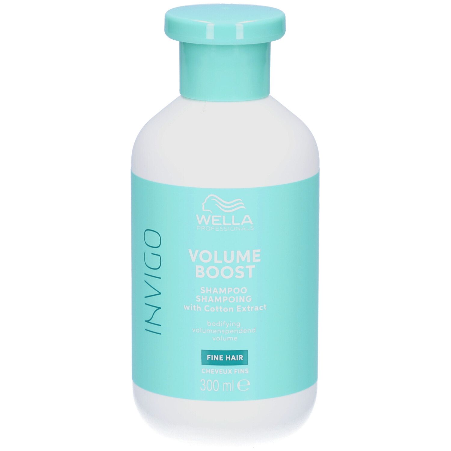 Witte fles met turquoise etiket. Opschrift: Invigo, Volume Boost, Shampoo. Voor fijn haar. Met katoenextract.