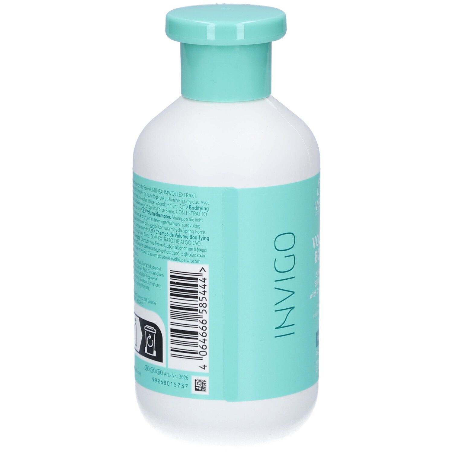 Achterkant van een witte fles met turquoise etiket. Opschrift: Invigo, Volume Boost, Shampoo. Tekst in meerdere talen.