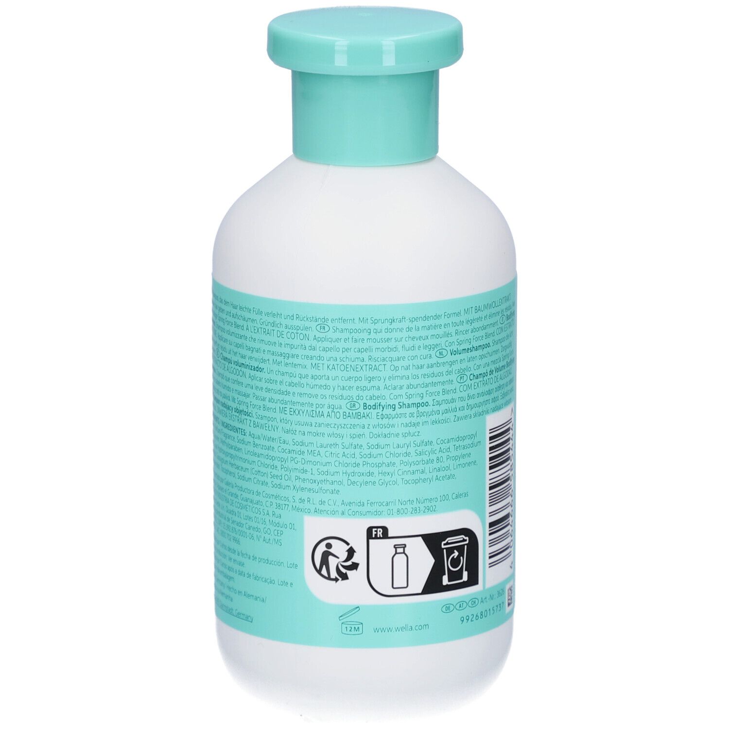 Achterkant van een witte fles met turquoise etiket. Meertalige tekst. Recyclingsymbool.