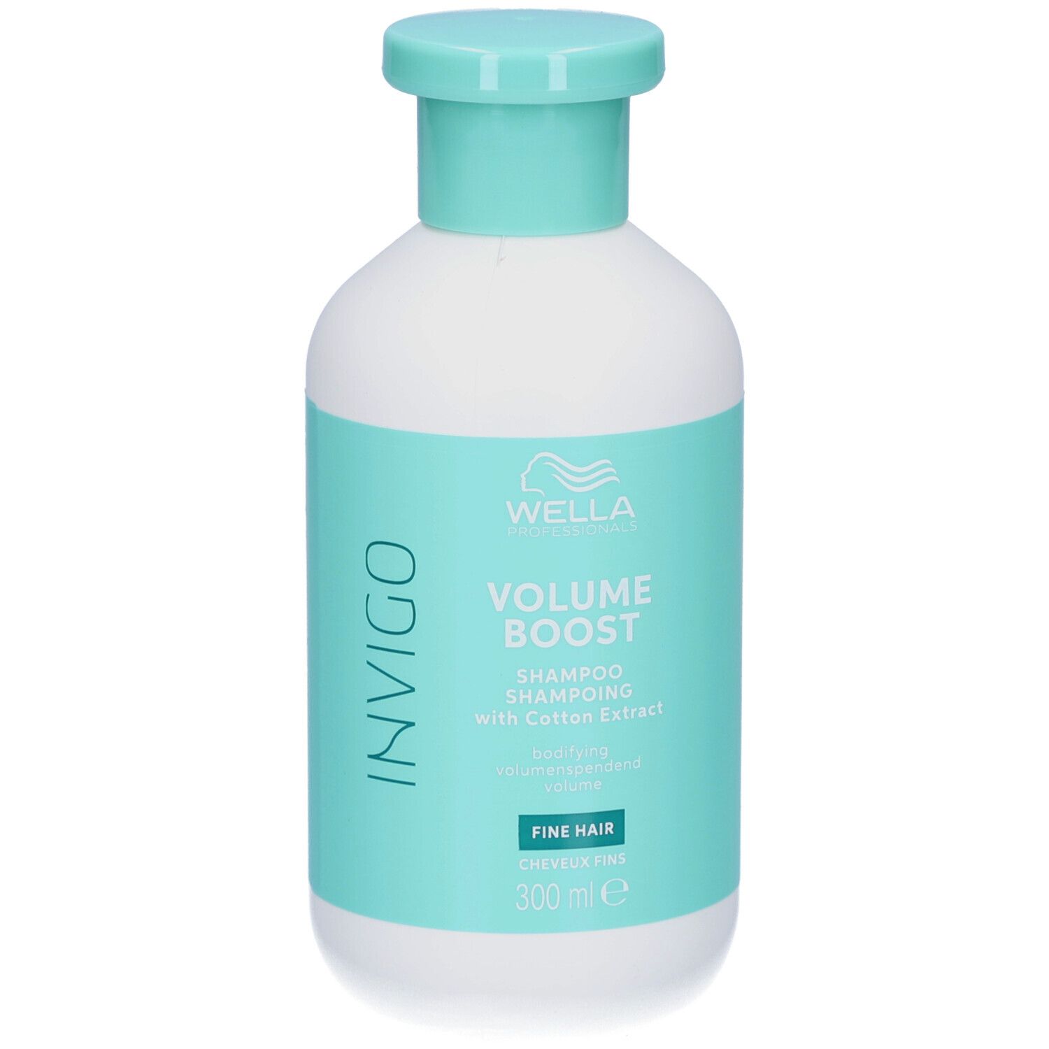Witte fles met turquoise etiket. Opschrift: Wella, Invigo, Volume Boost, Shampoo. Voor fijn haar.