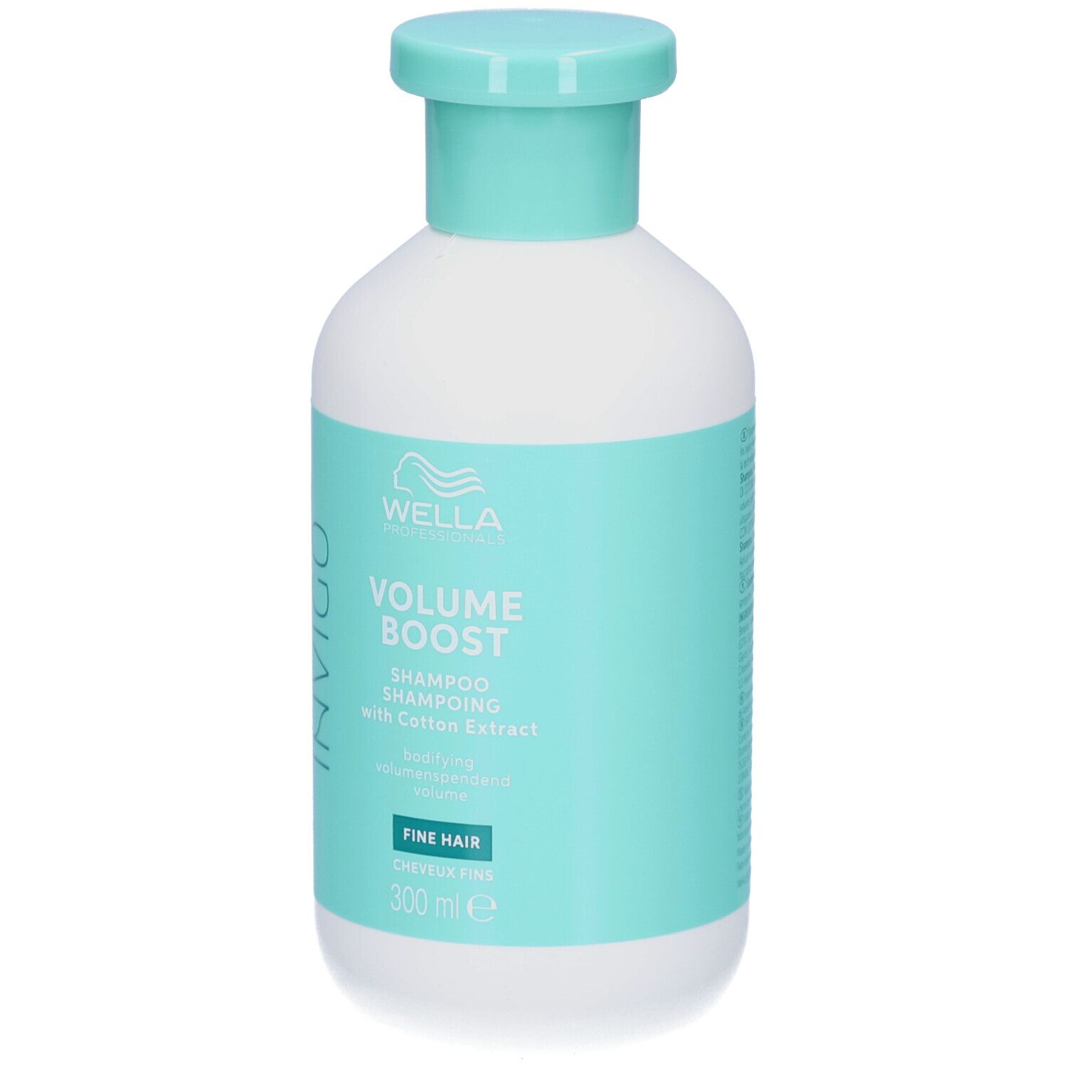 Witte fles met turquoise etiket. Opschrift: Wella, Invigo, Volume Boost, Shampoo. Voor fijn haar. 300 ml.