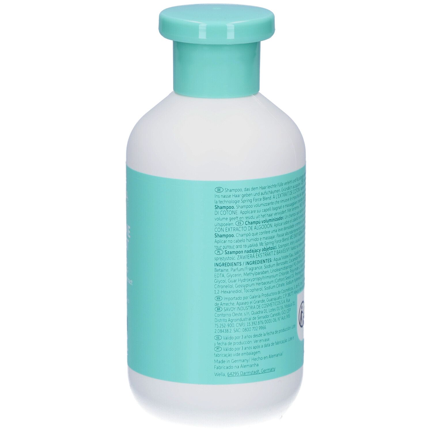 Achterkant van een witte fles met turquoise etiket. Meertalige tekst. Ingrediënten.