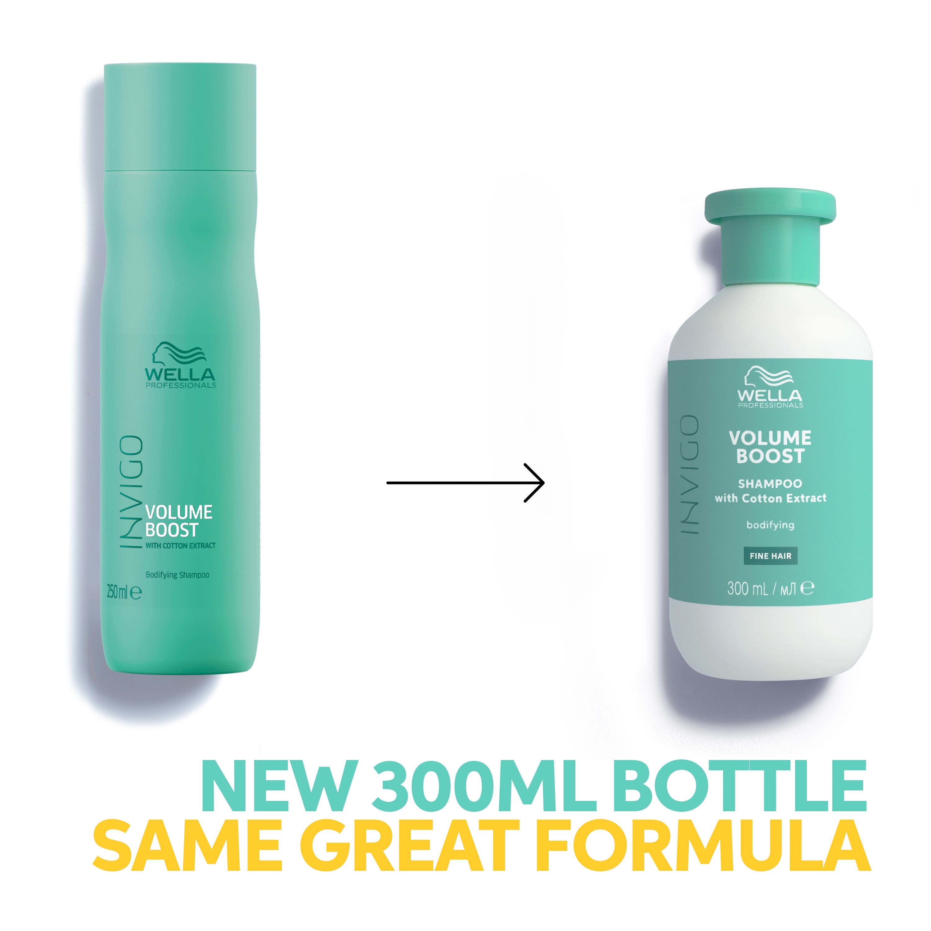 Vergelijking van twee shampoo flessen. Links: oude fles. Rechts: nieuwe fles. Tekst: Nieuwe 300ml fles, zelfde formule.