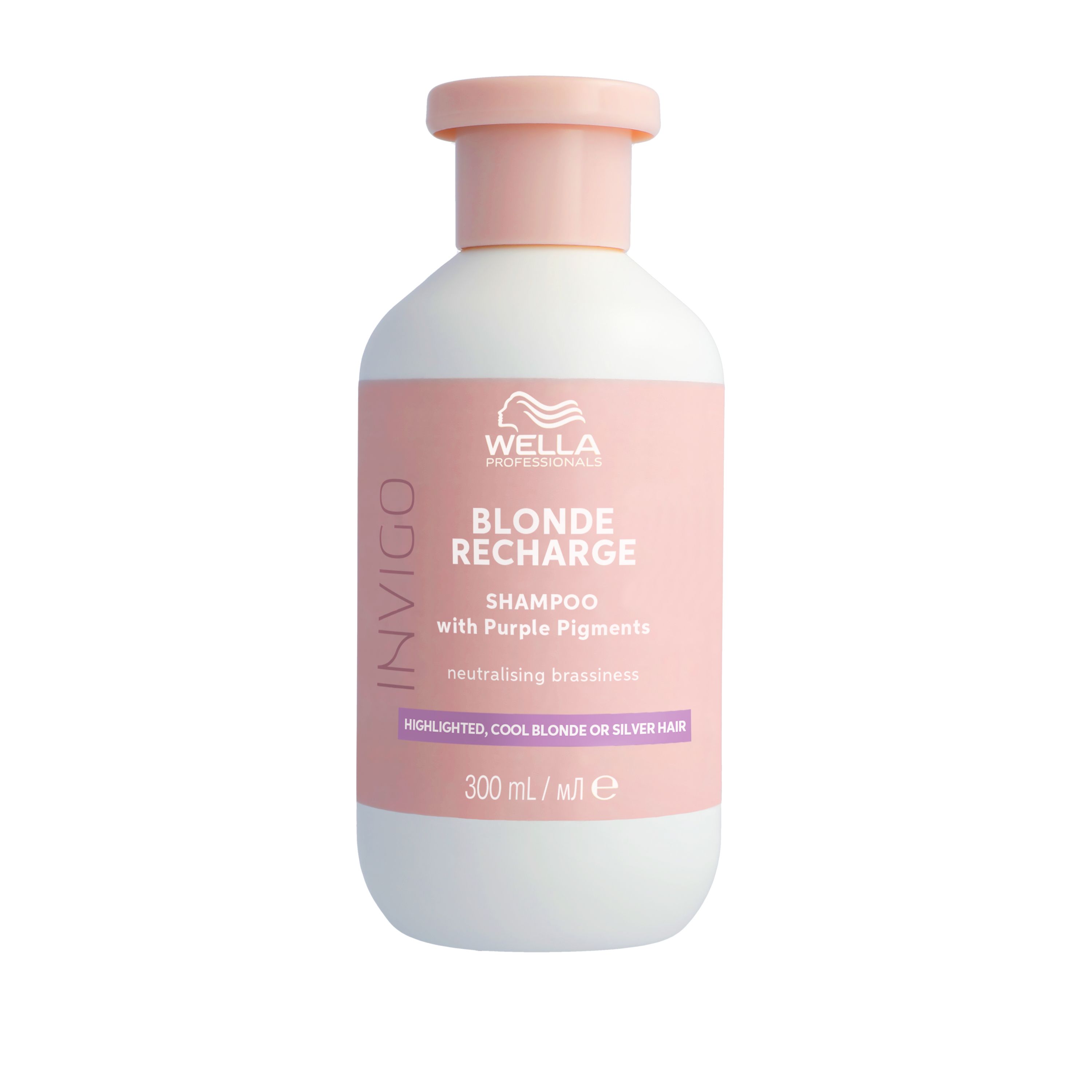 Witte fles met roze dop. Opschrift: Wella Invigo Blonde Recharge Shampoo. 300 ml.