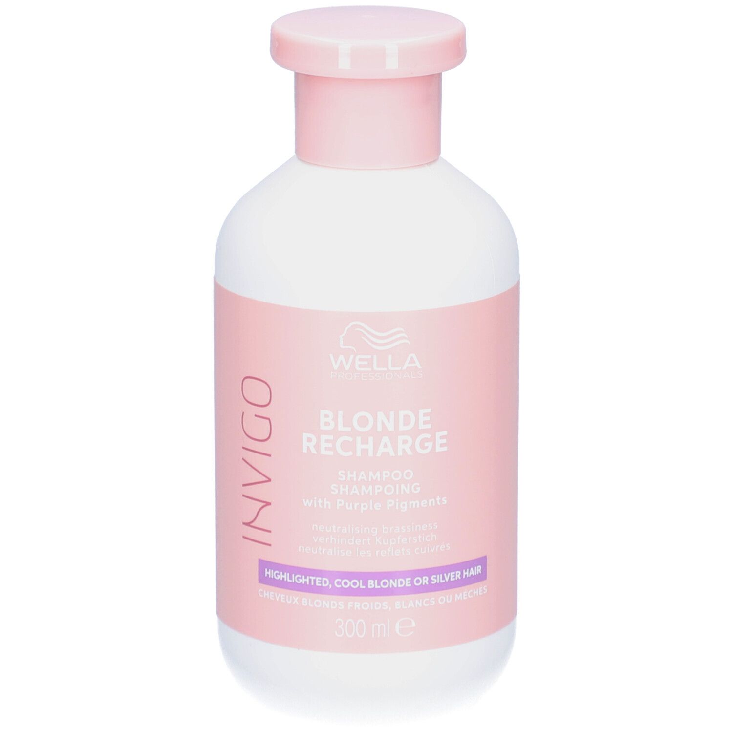Witte fles met roze dop. Opschrift: Wella Invigo Blonde Recharge Shampoo. 300 ml.
