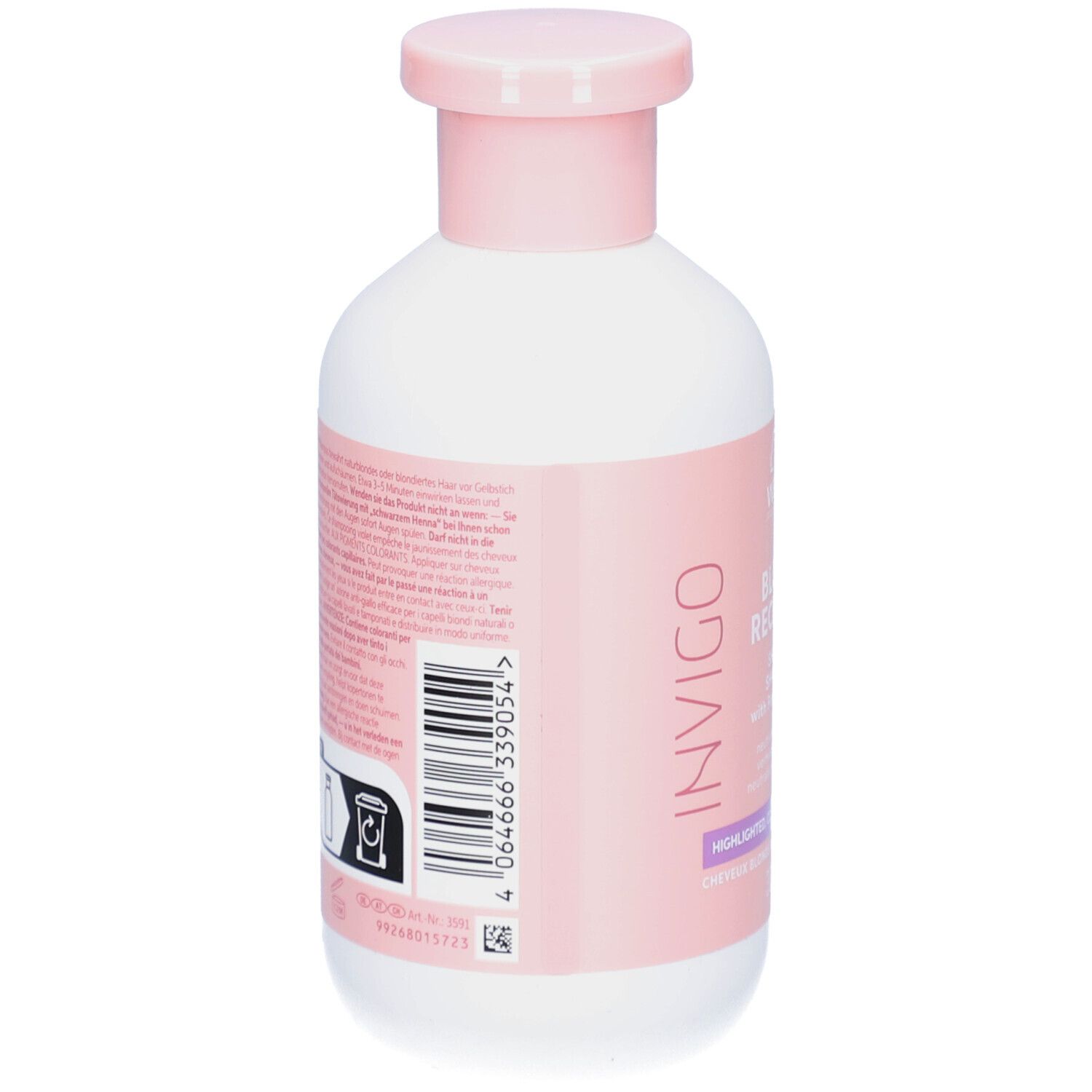 Achterkant van witte fles met roze dop. Barcode en tekst. Wella Invigo Blonde Recharge Shampoo.