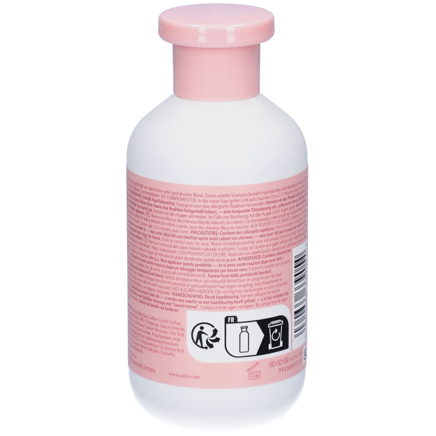 Achterkant van witte fles met roze dop. Tekst. Wella Invigo Blonde Recharge Shampoo.