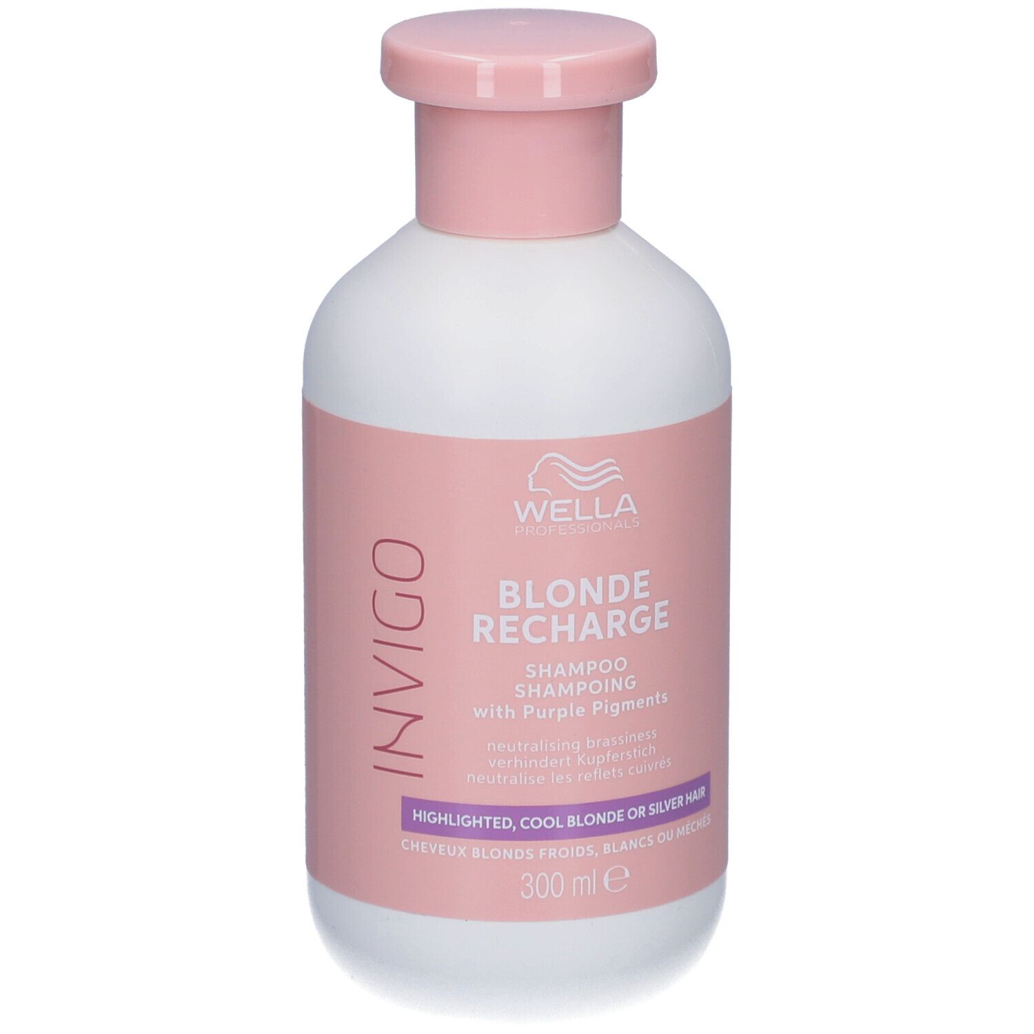 Witte fles met roze dop. Opschrift: Wella Invigo Blonde Recharge Shampoo. 300 ml.