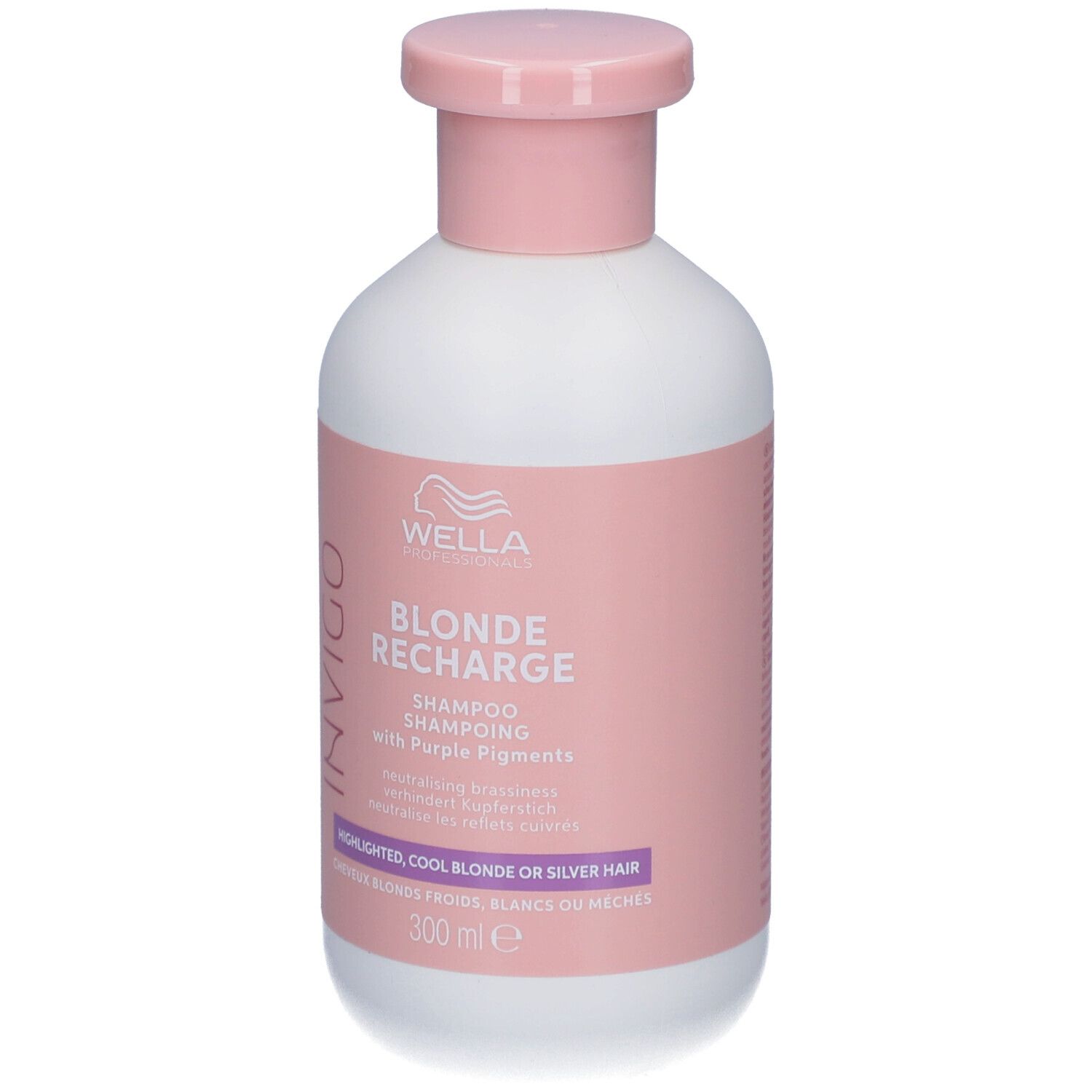 Witte fles met roze dop. Opschrift: Wella Invigo Blonde Recharge Shampoo. 300 ml.