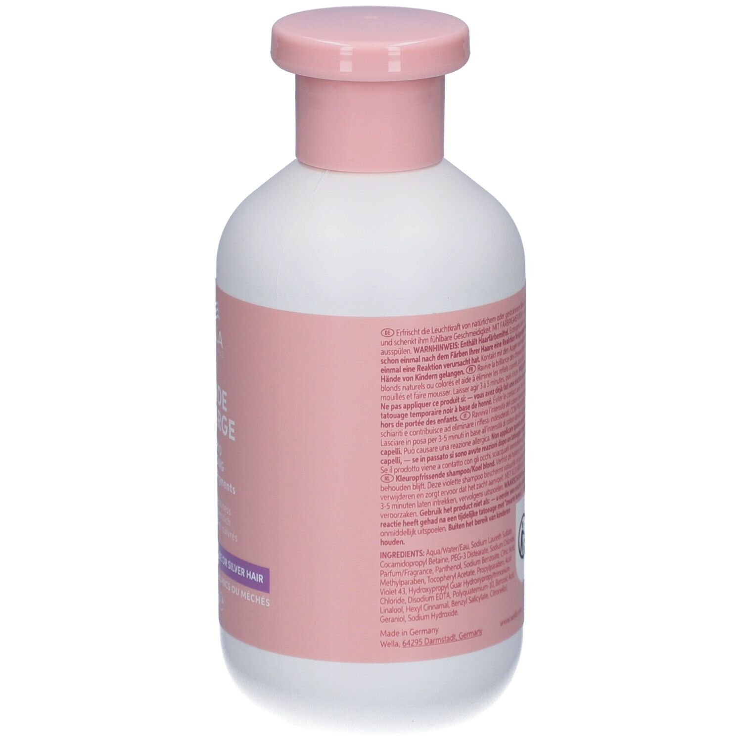 Achterkant van witte fles met roze dop. Tekst. Wella Invigo Blonde Recharge Shampoo.