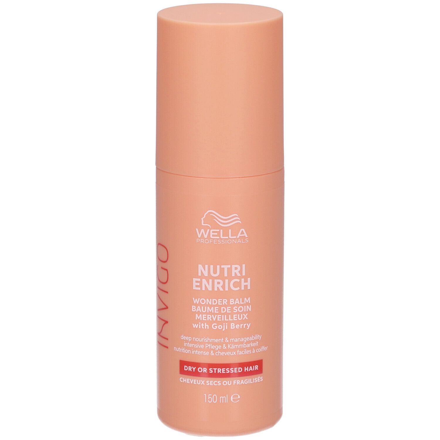 Flacon cylindrique orange clair. Inscription: Wella Professionals Invigo Nutri Enrich Wonder Balm. Pour cheveux secs ou fragilisés.