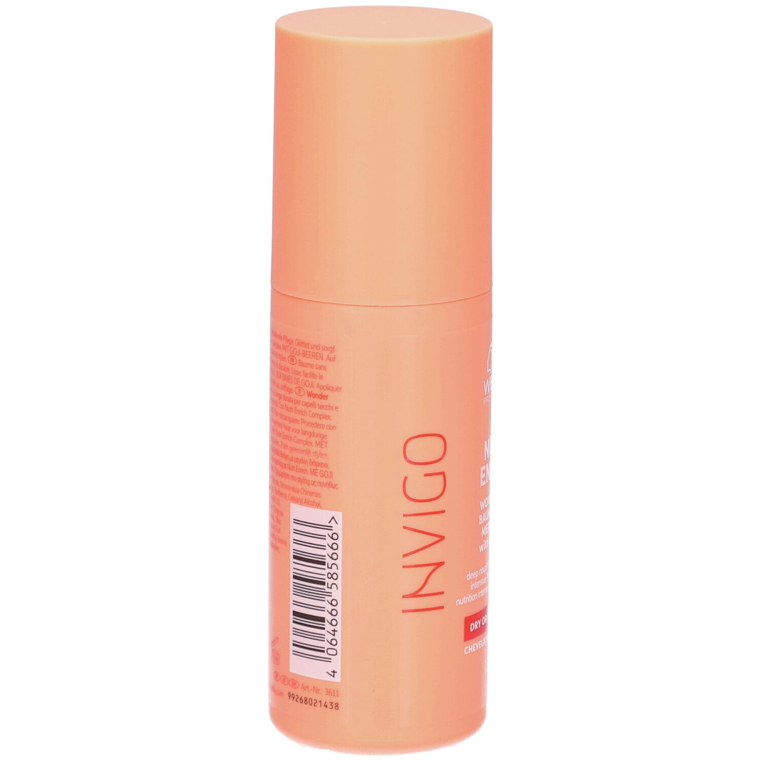 Dos d'un flacon cylindrique orange clair. Inscription: Invigo. Texte et code-barres. Informations fabricant.