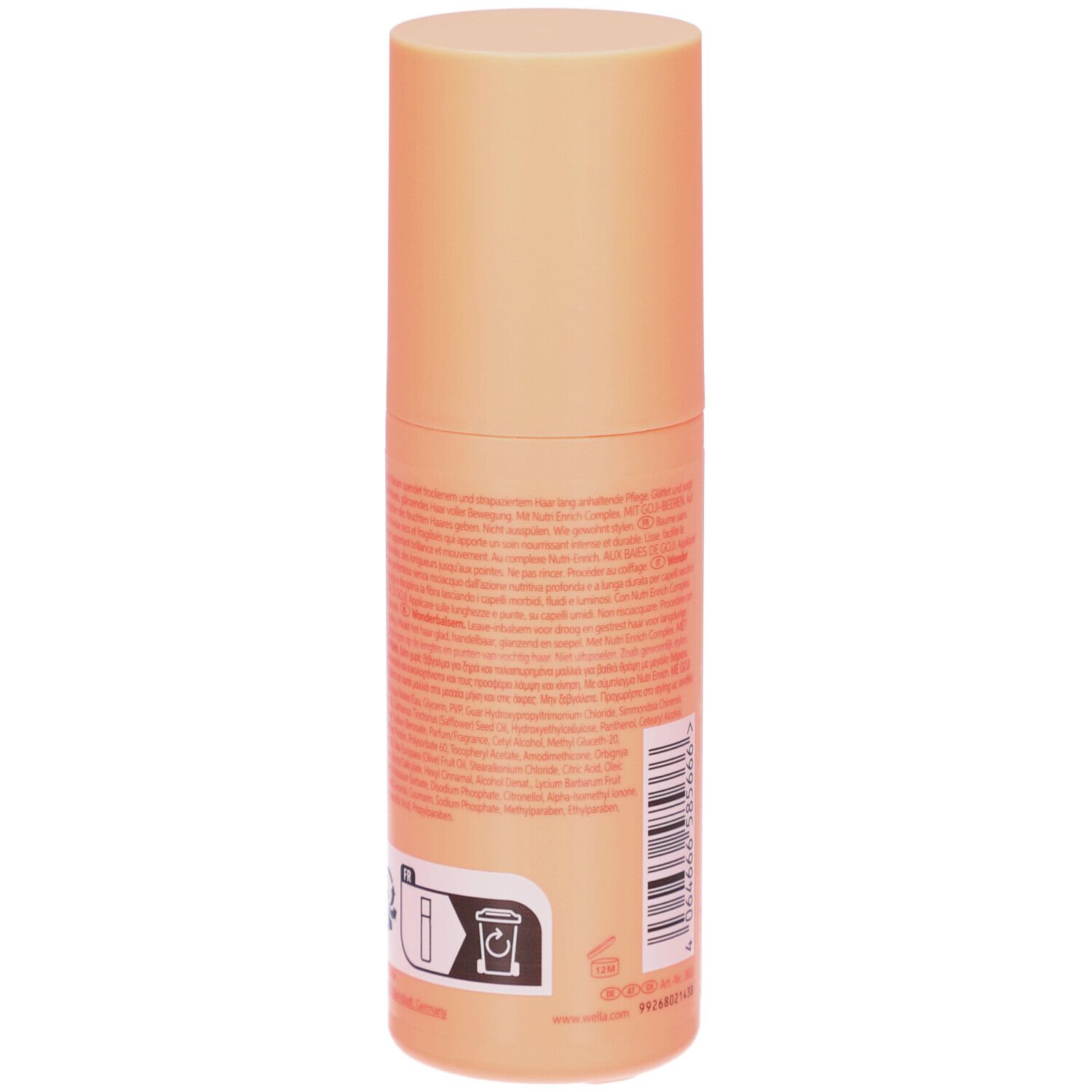 Dos d'un flacon cylindrique orange clair. Texte, pictogrammes et code-barres. Informations fabricant.