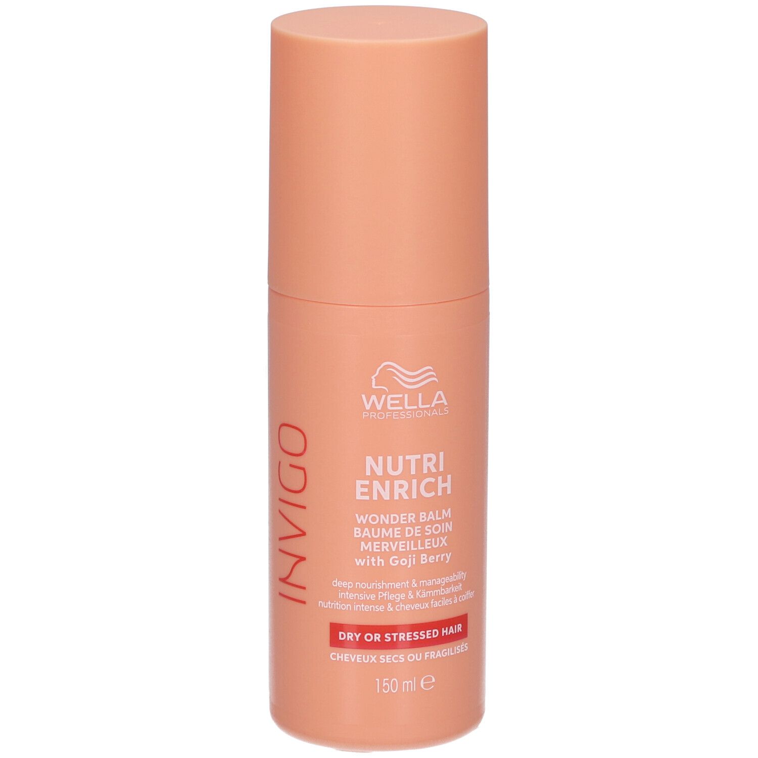 Flacon cylindrique orange clair. Inscription: Wella Professionals Invigo Nutri Enrich Wonder Balm. Pour cheveux secs ou fragilisés.