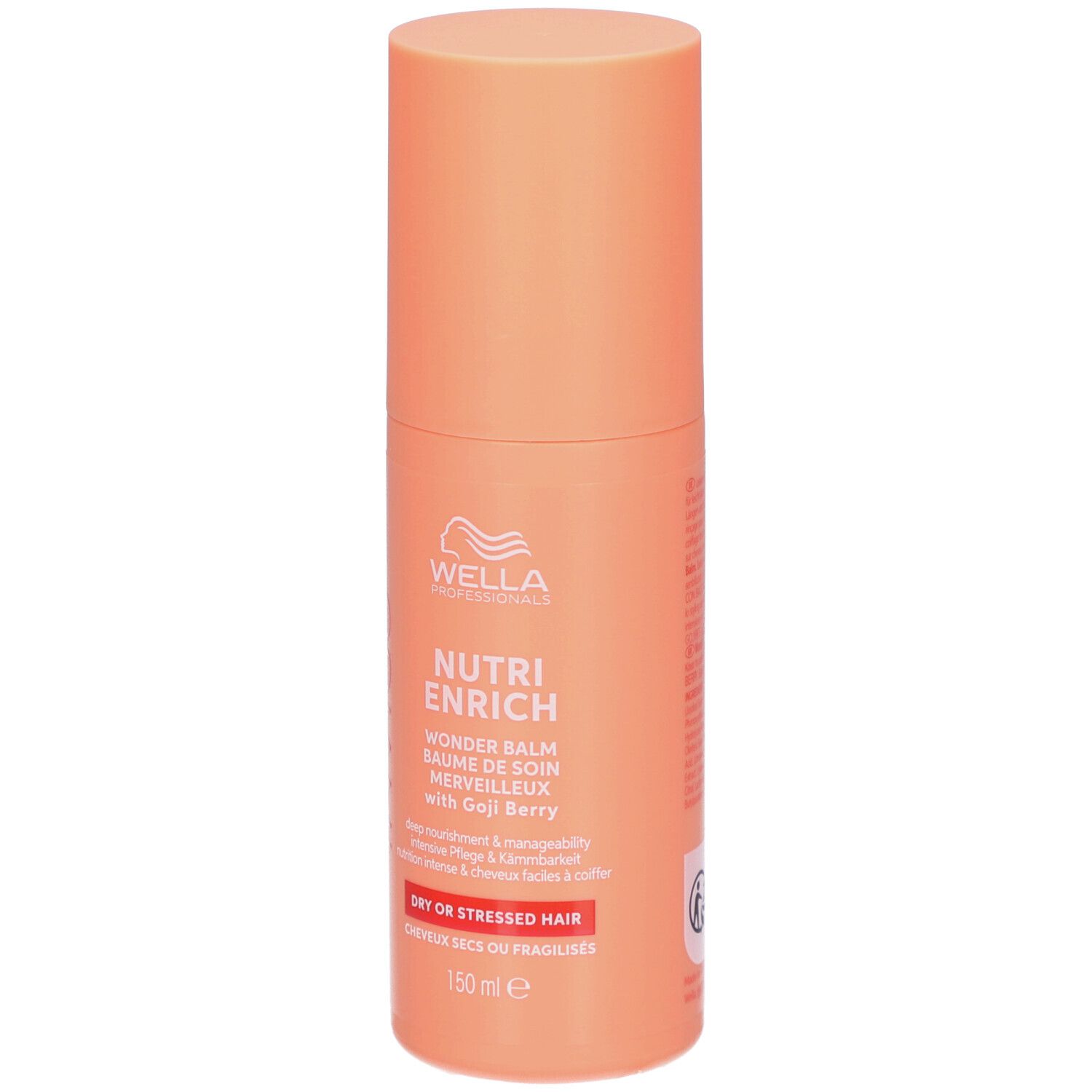 Flacon cylindrique orange clair. Inscription: Wella Professionals Invigo Nutri Enrich Wonder Balm. Pour cheveux secs ou fragilisés.