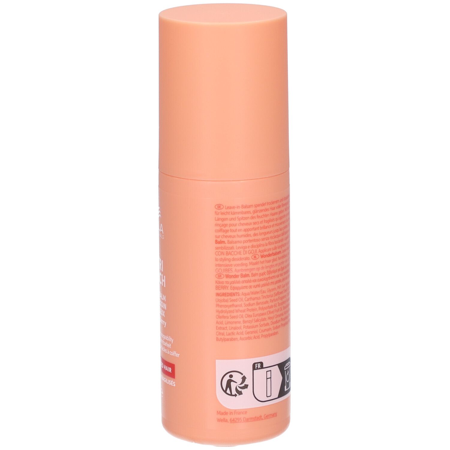 Dos d'un flacon cylindrique orange clair. Texte, pictogrammes et code-barres. Informations fabricant.