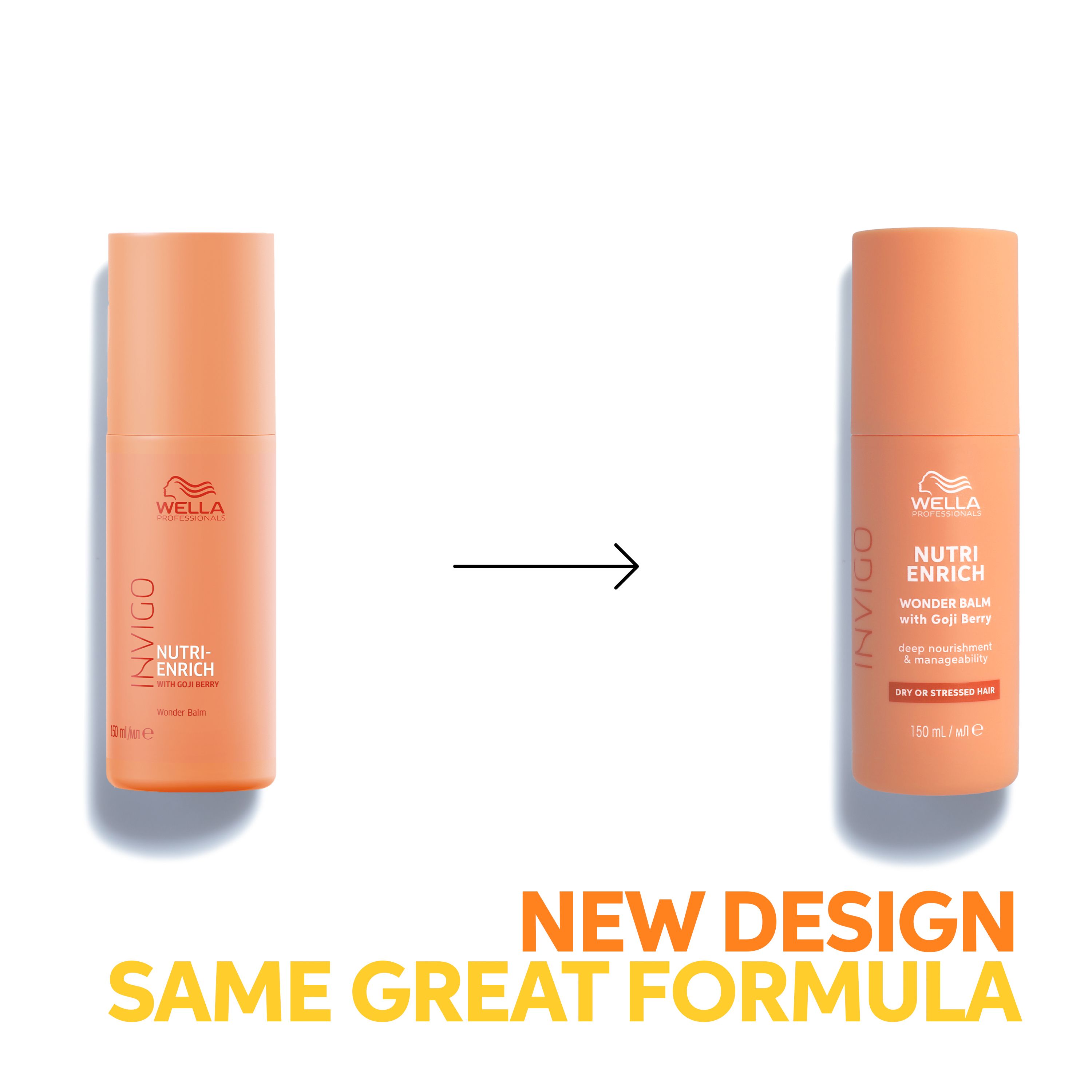 Deux flacons orange clair côte à côte. Inscription: Wella Professionals Invigo Nutri Enrich. Texte: New Design, Same Great Formula.