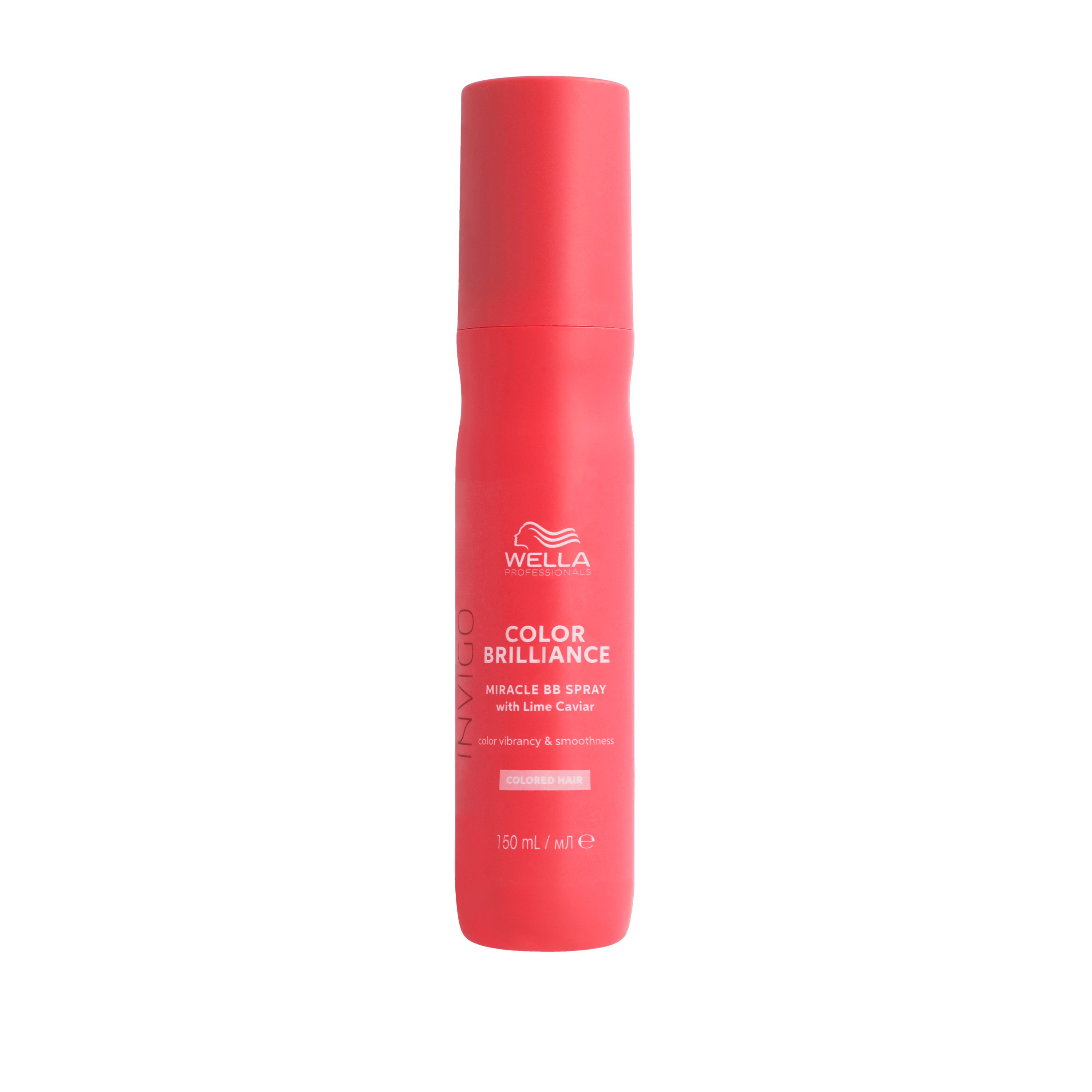Rode sprayfles van Wella Invigo Color Brilliance. Tekst en logo zichtbaar. Met dop. 150 ml.