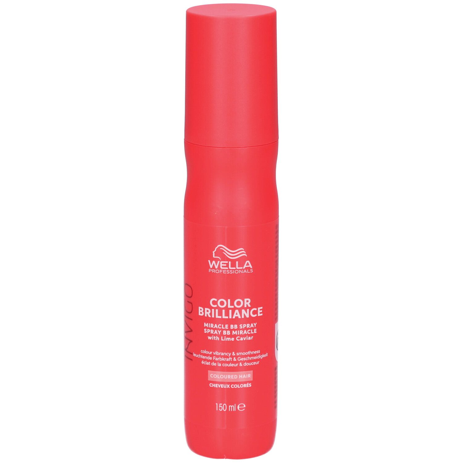 Flacon spray rouge Wella Invigo Color Brilliance. Texte et logo visibles. Avec bouchon. 150 ml.