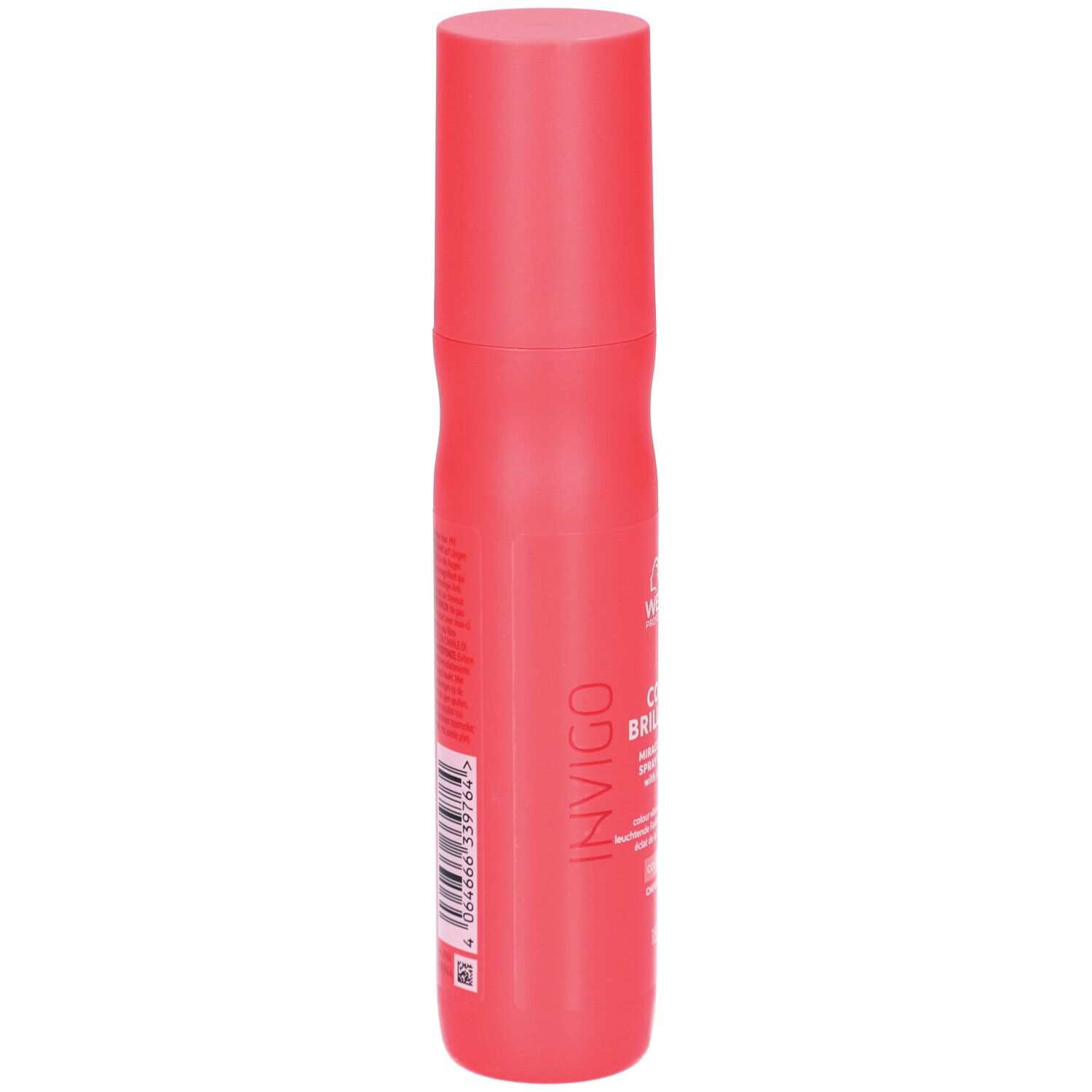 Flacon spray rouge Wella Invigo Color Brilliance. Dos avec texte et code-barres.