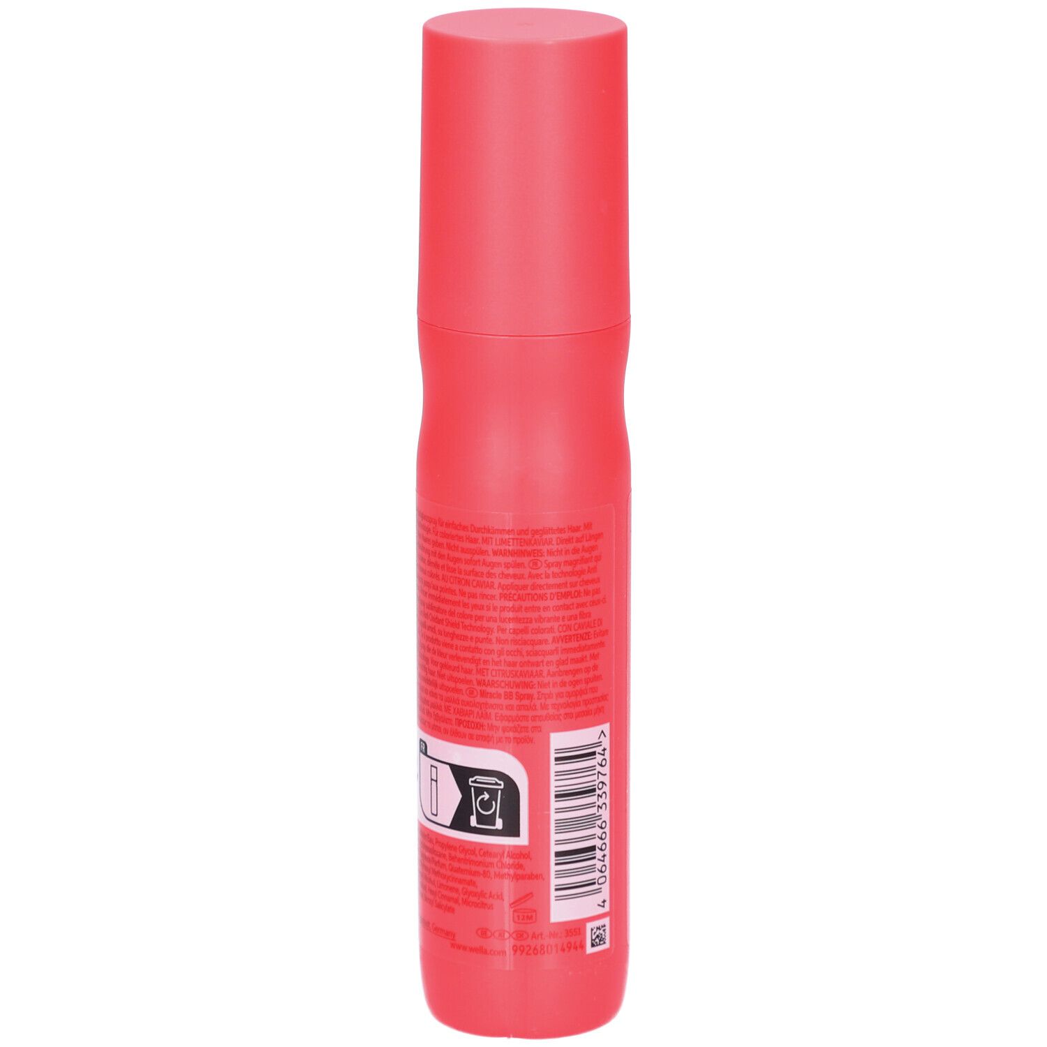 Flacon spray rouge Wella Invigo Color Brilliance. Dos avec texte et code-barres.