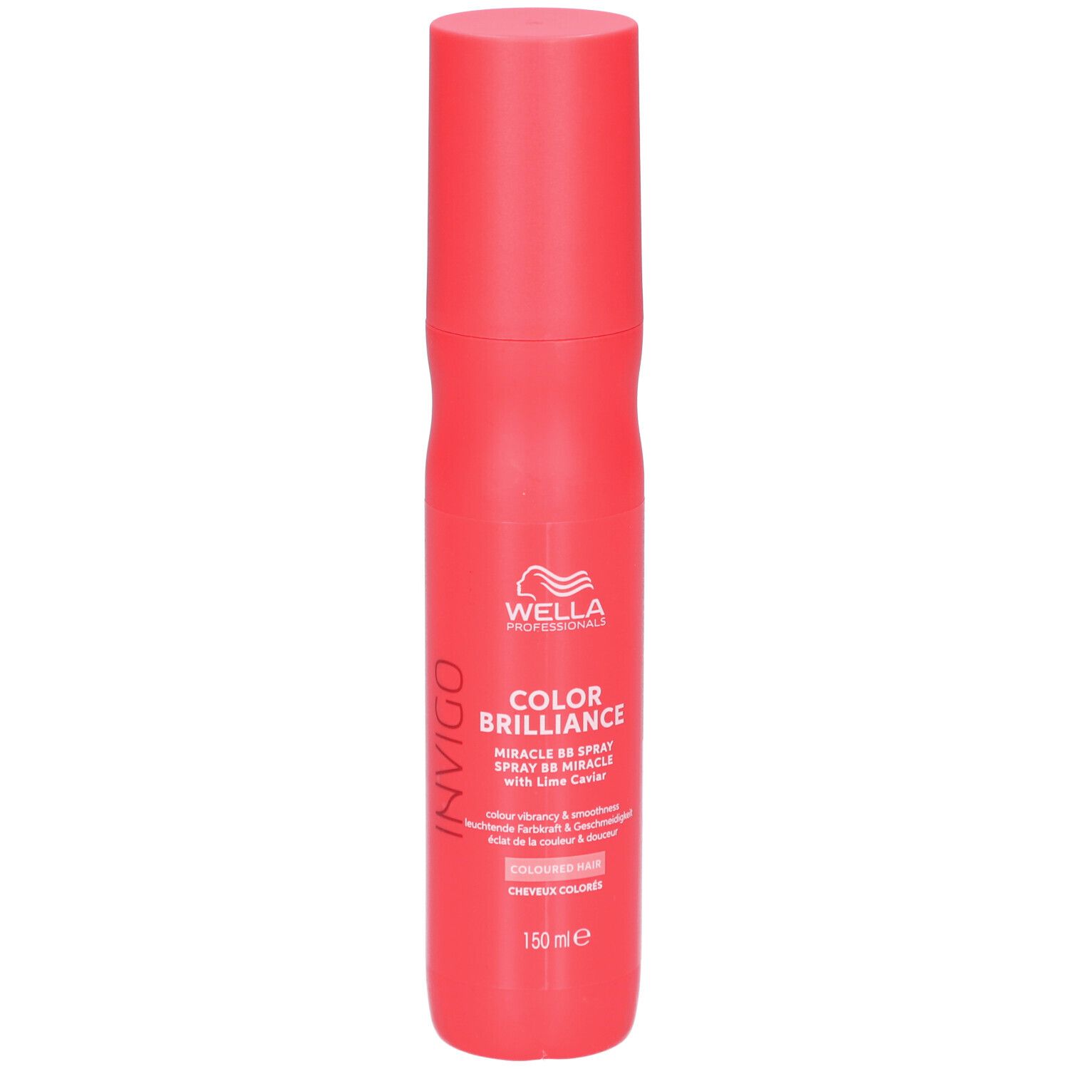 Flacon spray rouge Wella Invigo Color Brilliance. Texte et logo visibles. Avec bouchon. 150 ml.