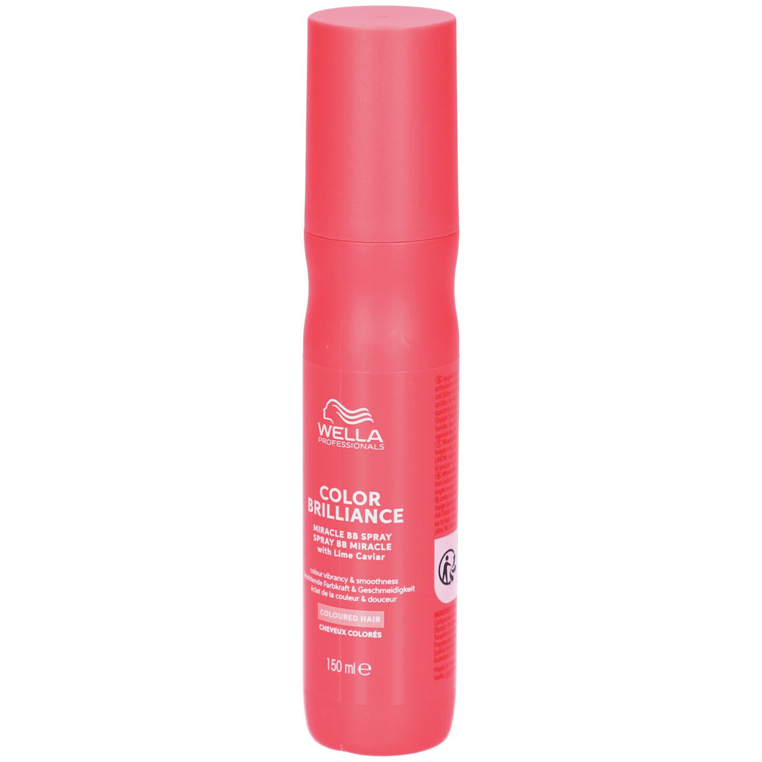 Flacon spray rouge Wella Invigo Color Brilliance. Texte et logo visibles. Avec bouchon. 150 ml.
