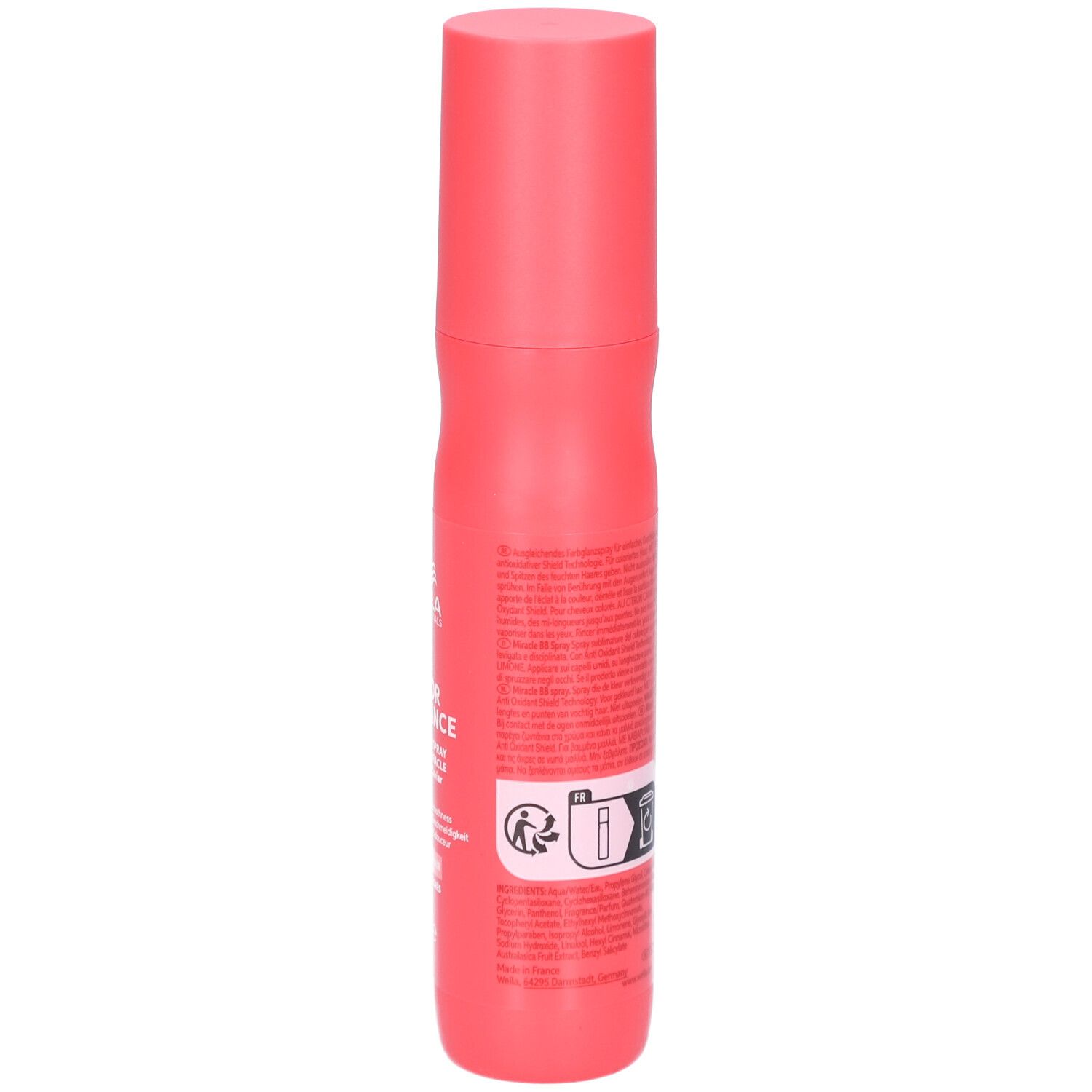 Flacon spray rouge Wella Invigo Color Brilliance. Texte et logo visibles. Avec bouchon. 150 ml.