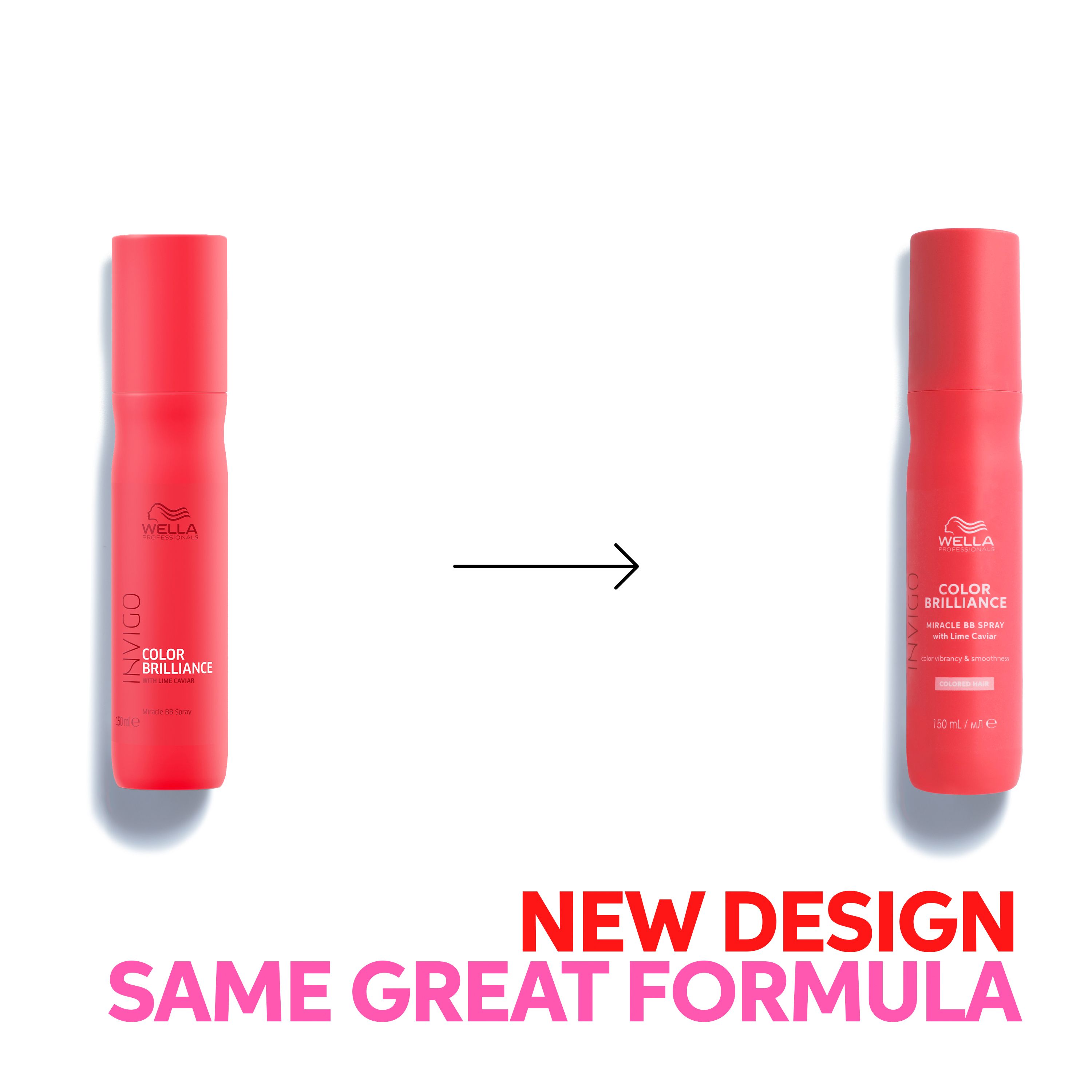Twee rode sprayflessen van Wella Invigo Color Brilliance. Tekst: New Design, Same Great Formula.