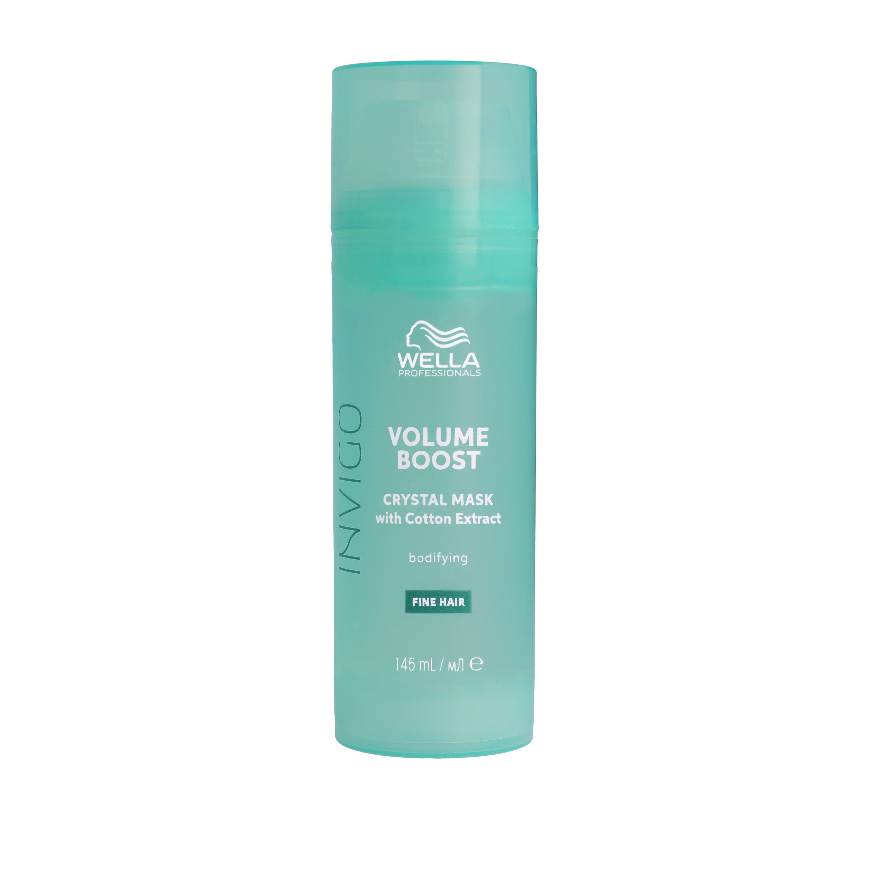 Flacon cylindrique dégradé bleu-vert. Inscriptions : Invigo, Volume Boost, Crystal Mask, avec extrait de coton. Pour cheveux fins.