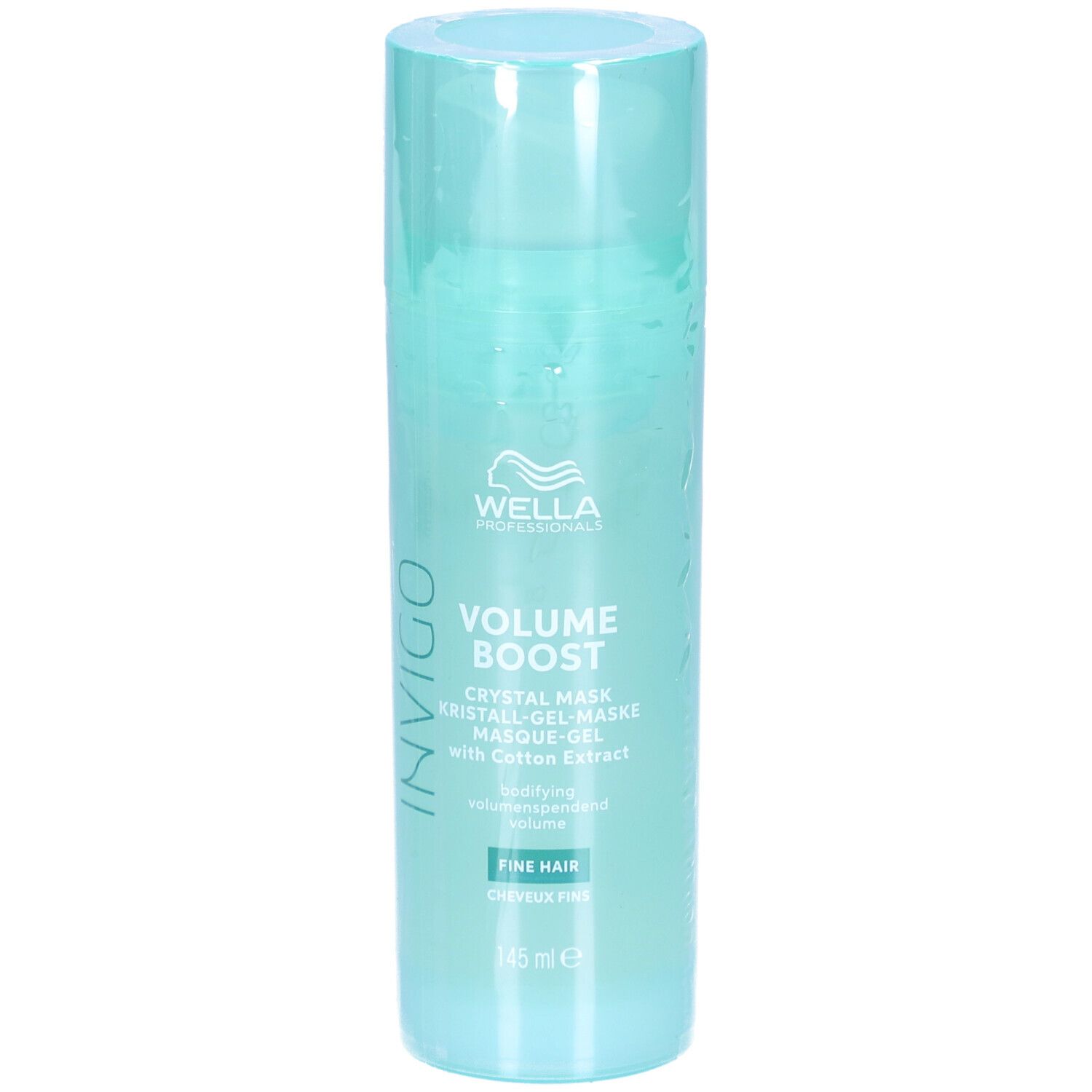 Flacon cylindrique dégradé bleu-vert. Inscriptions : Invigo, Volume Boost, Crystal Mask, avec extrait de coton. Pour cheveux fins.