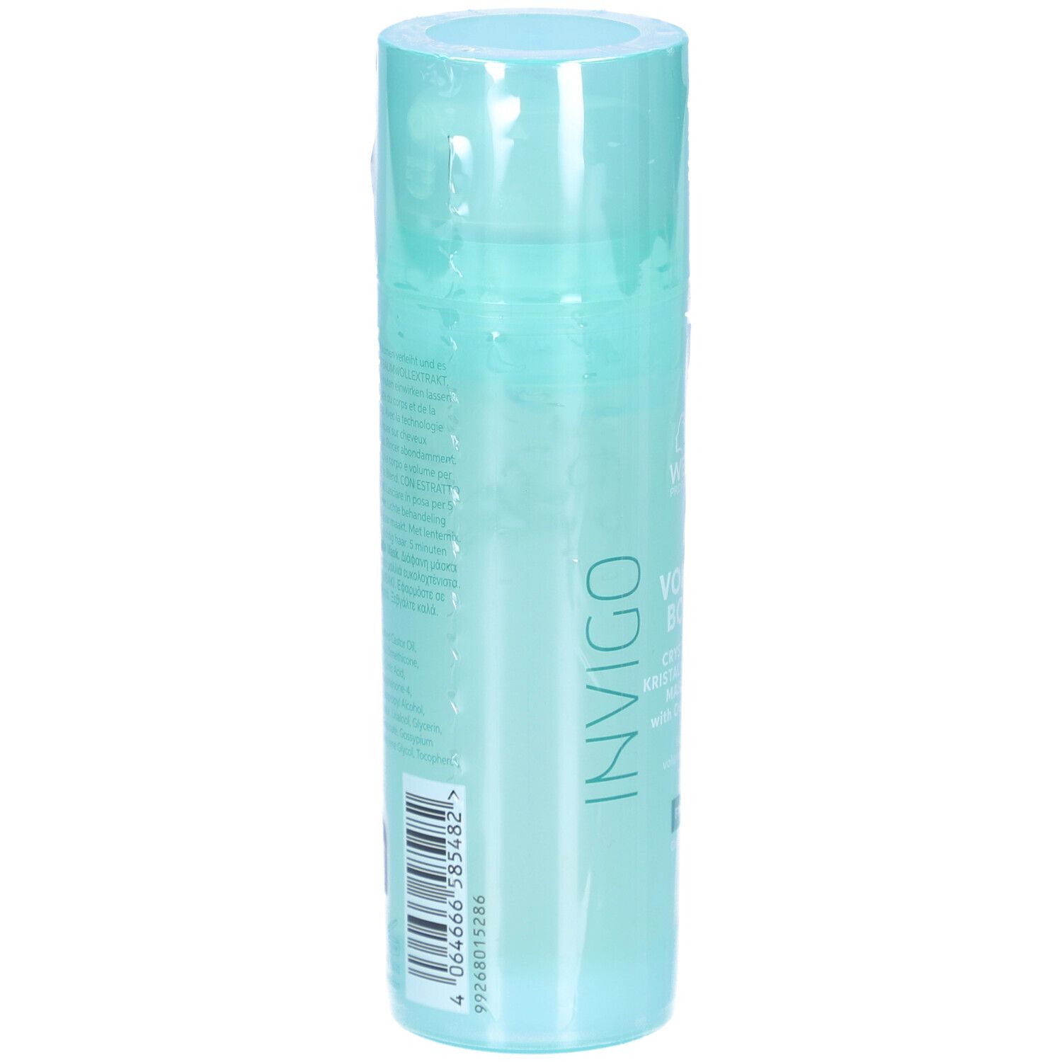 Flacon cylindrique emballé dans du film plastique. Inscription : Invigo. Dos avec texte et code-barres. Dégradé bleu-vert.