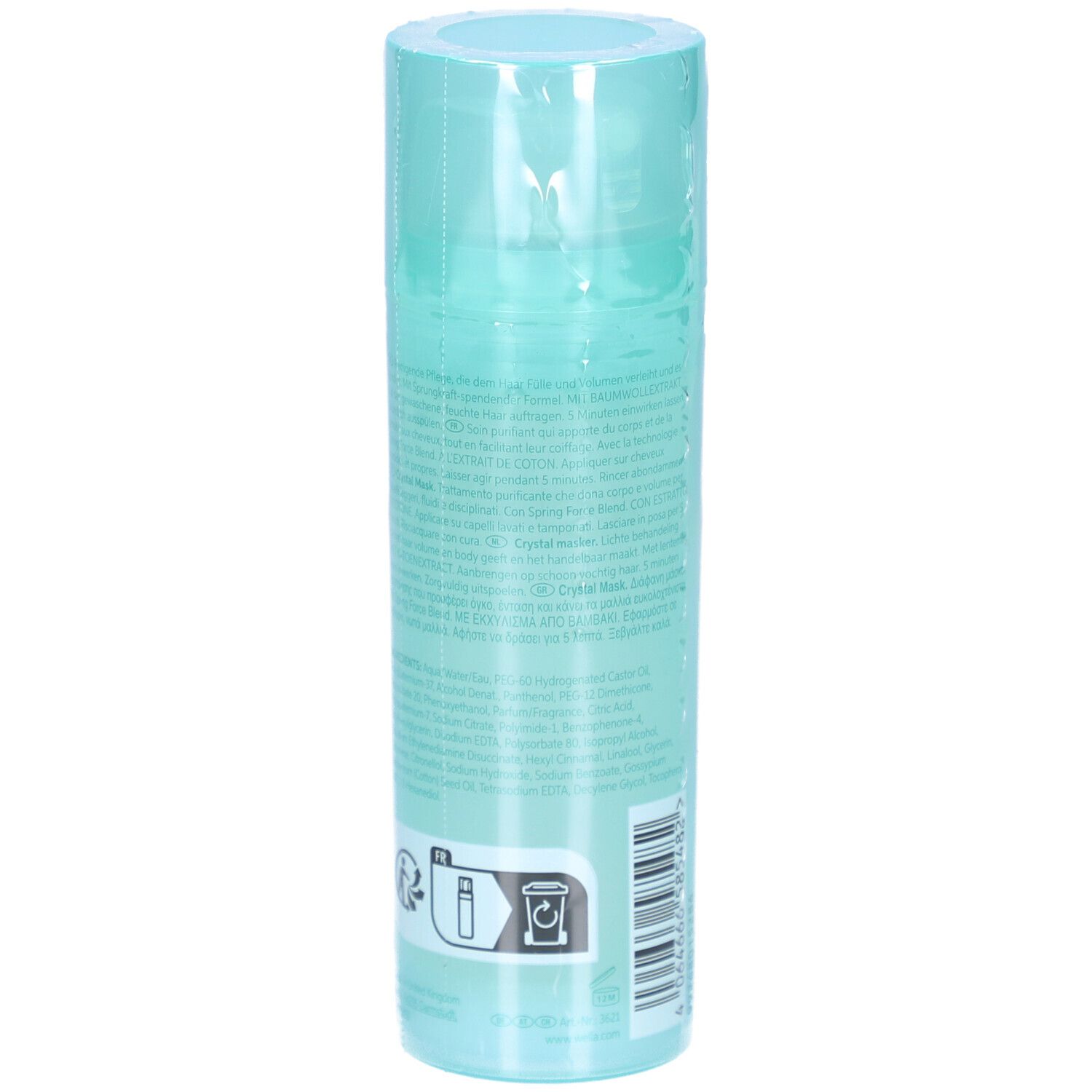 Dos d'un flacon emballé dans du film plastique. Texte et code-barres. Dégradé bleu-vert. Symbole de recyclage.