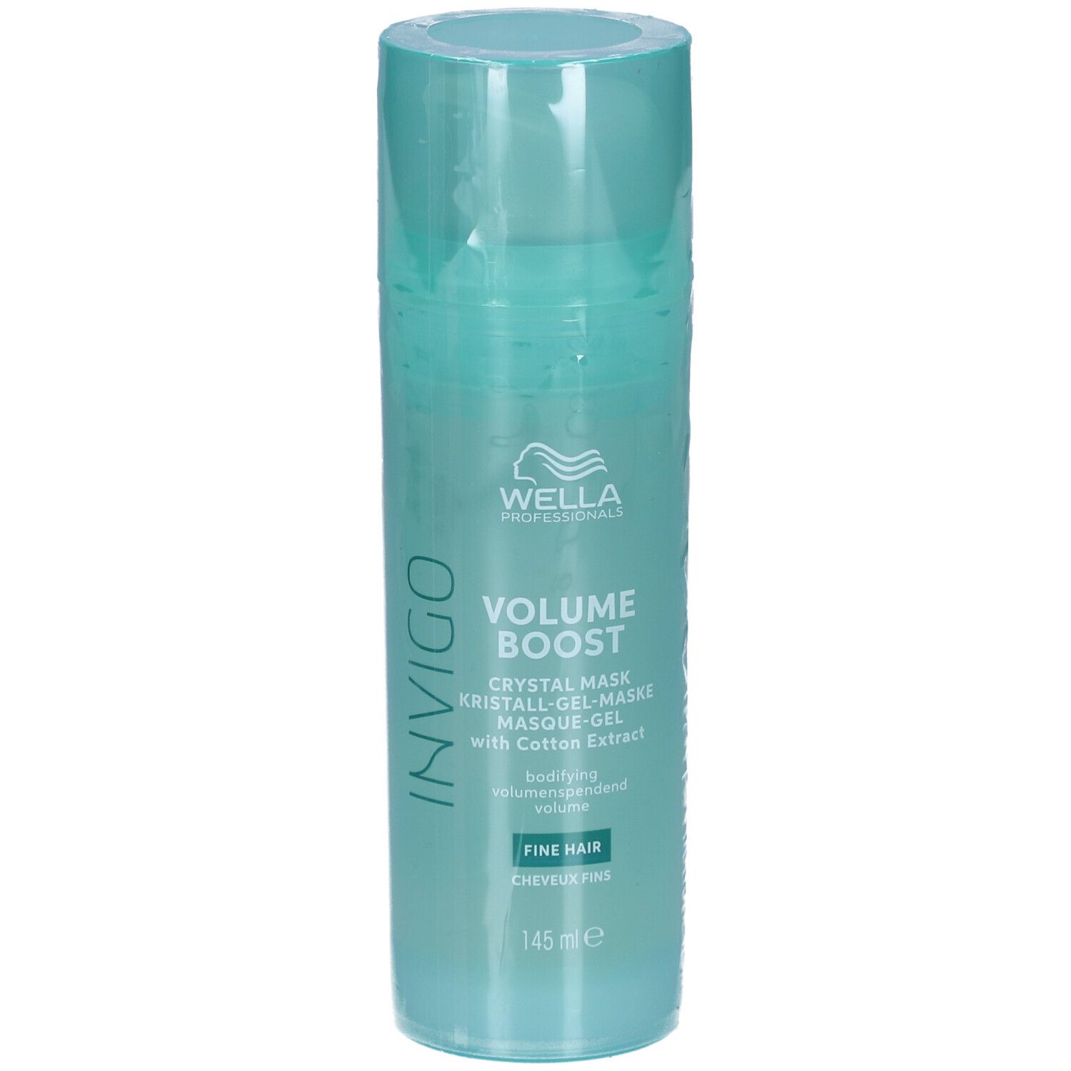 Flacon cylindrique dégradé bleu-vert. Inscriptions : Invigo, Volume Boost, Crystal Mask, avec extrait de coton. Pour cheveux fins.