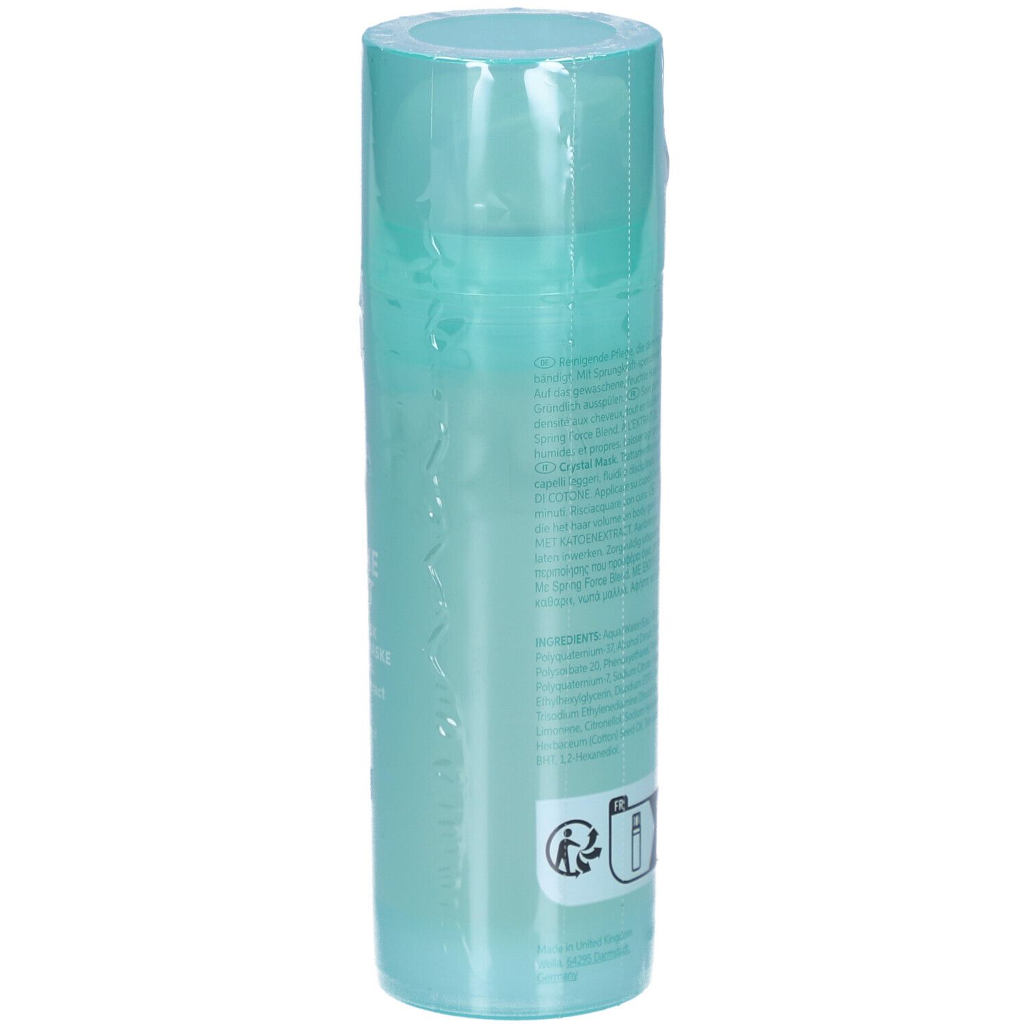 Dos d'un flacon. Texte et symbole de recyclage. Dégradé bleu-vert. Code-barres.