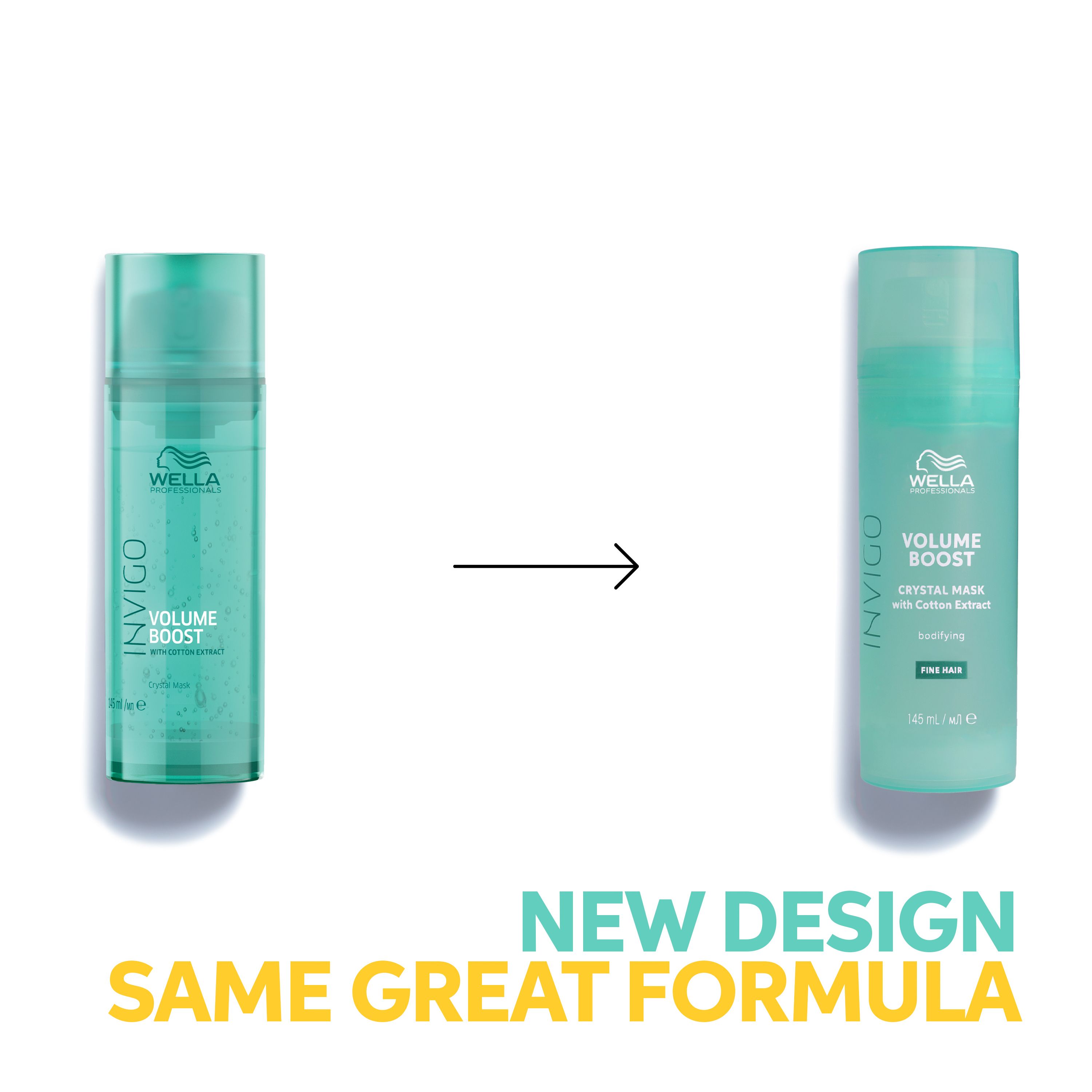 Twee flessen naast elkaar. Opschrift: Invigo, Volume Boost. Tekst: New Design, Same Great Formula.