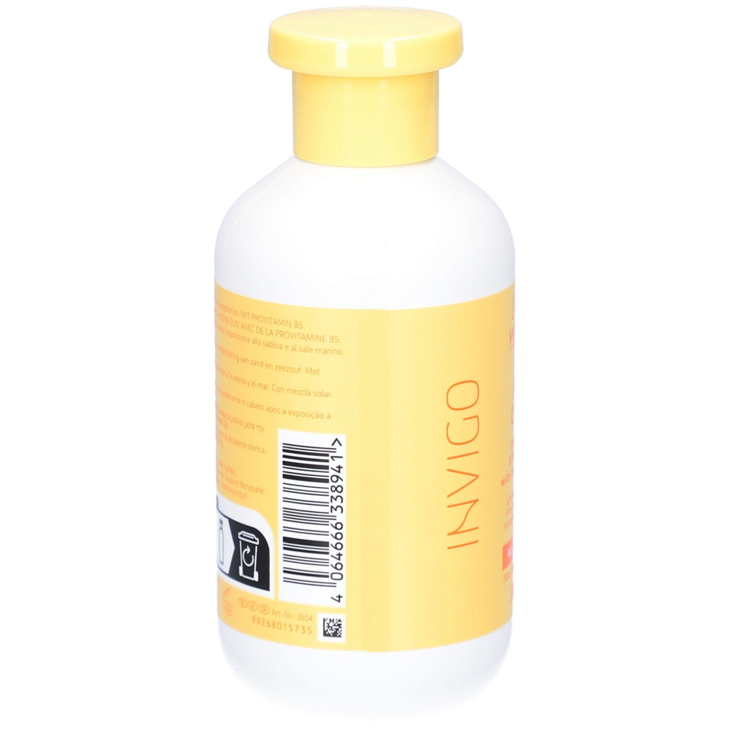 Achterkant fles. Label met productinfo, barcode en recyclingsymbolen.
