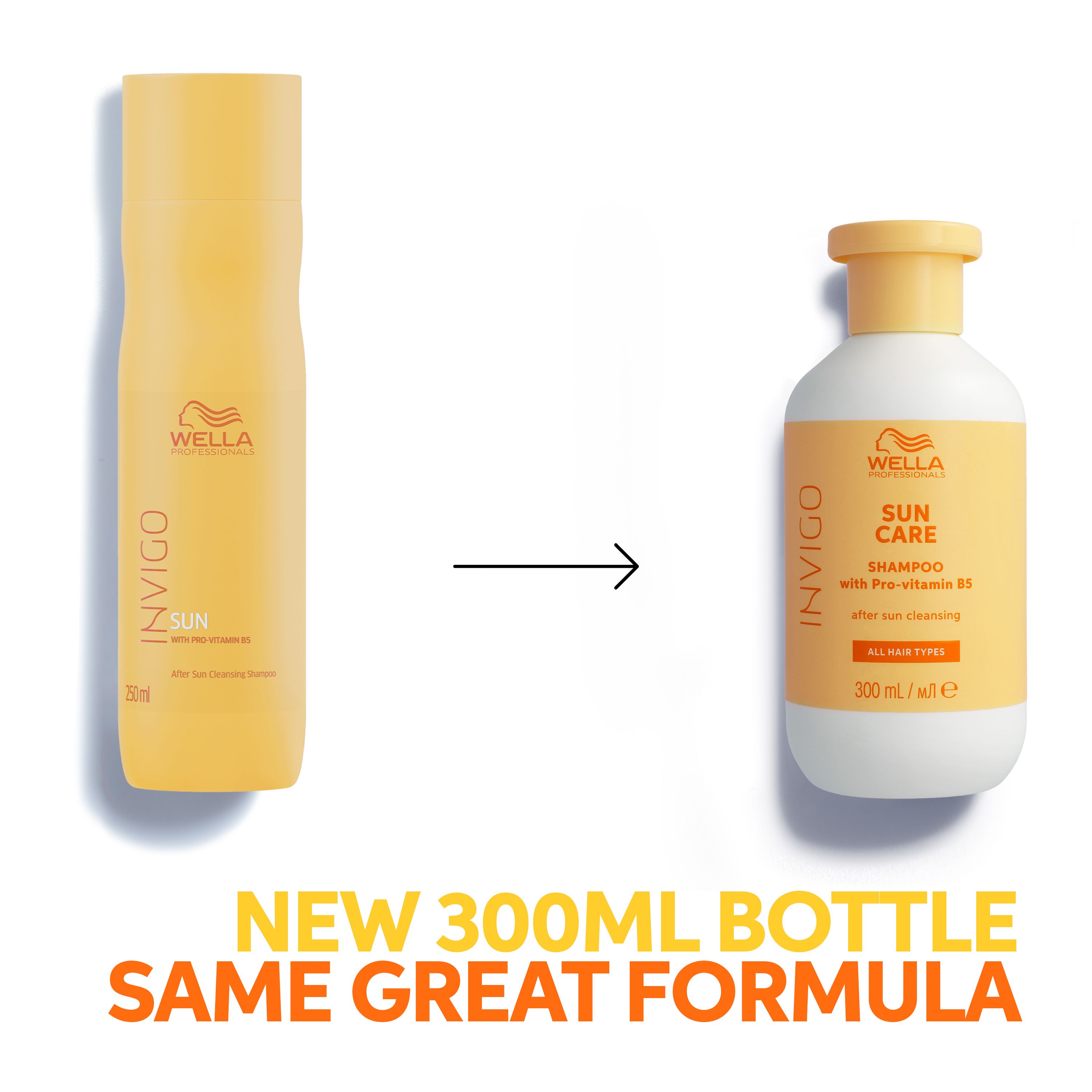 Vergelijking van twee flessen. Links: spray. Rechts: shampoo. Tekst: Nieuwe 300ml fles, dezelfde formule.