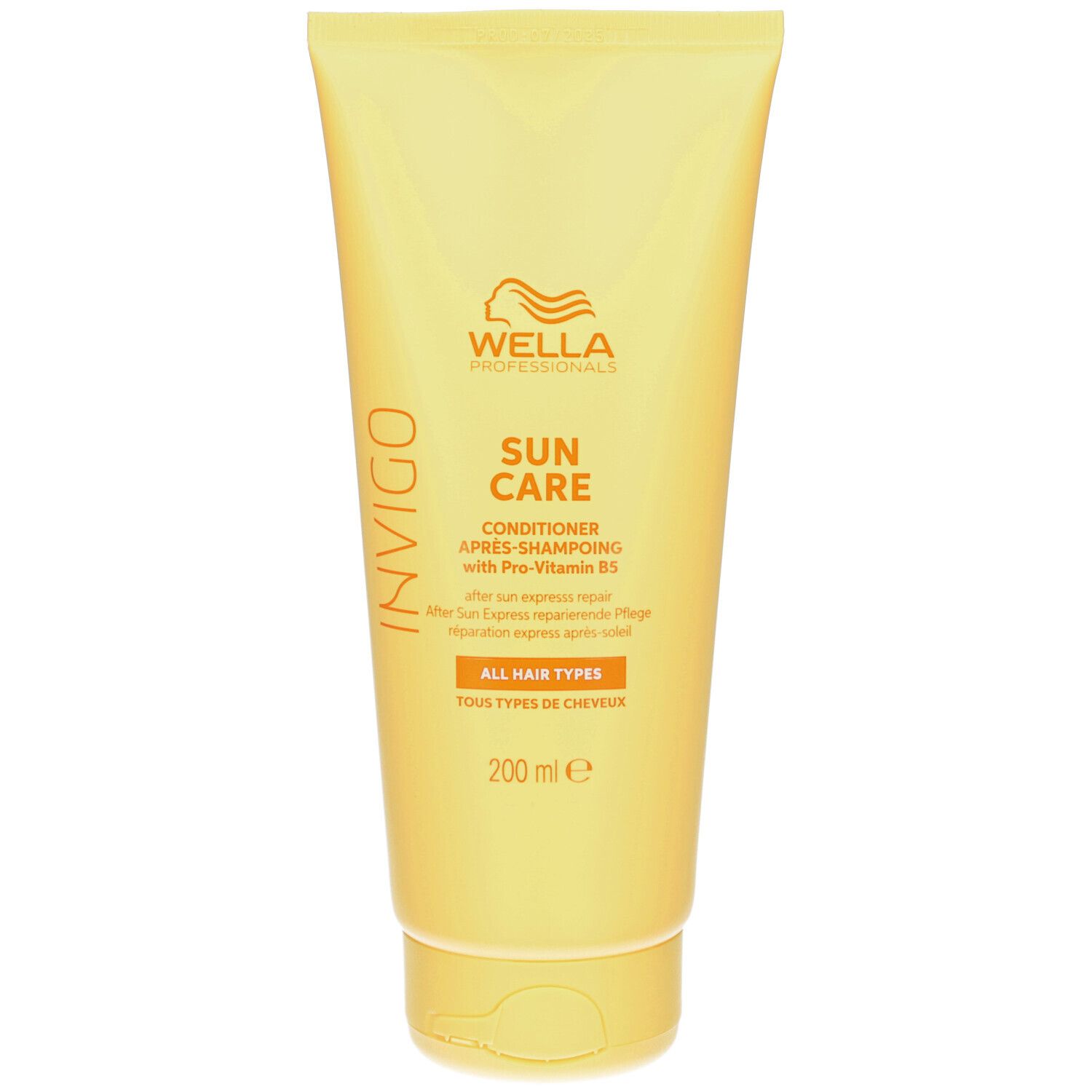 Tube jaune Wella Professionals Invigo Sun Care. Texte: Après-shampooing, Tous types de cheveux, 200 ml.
